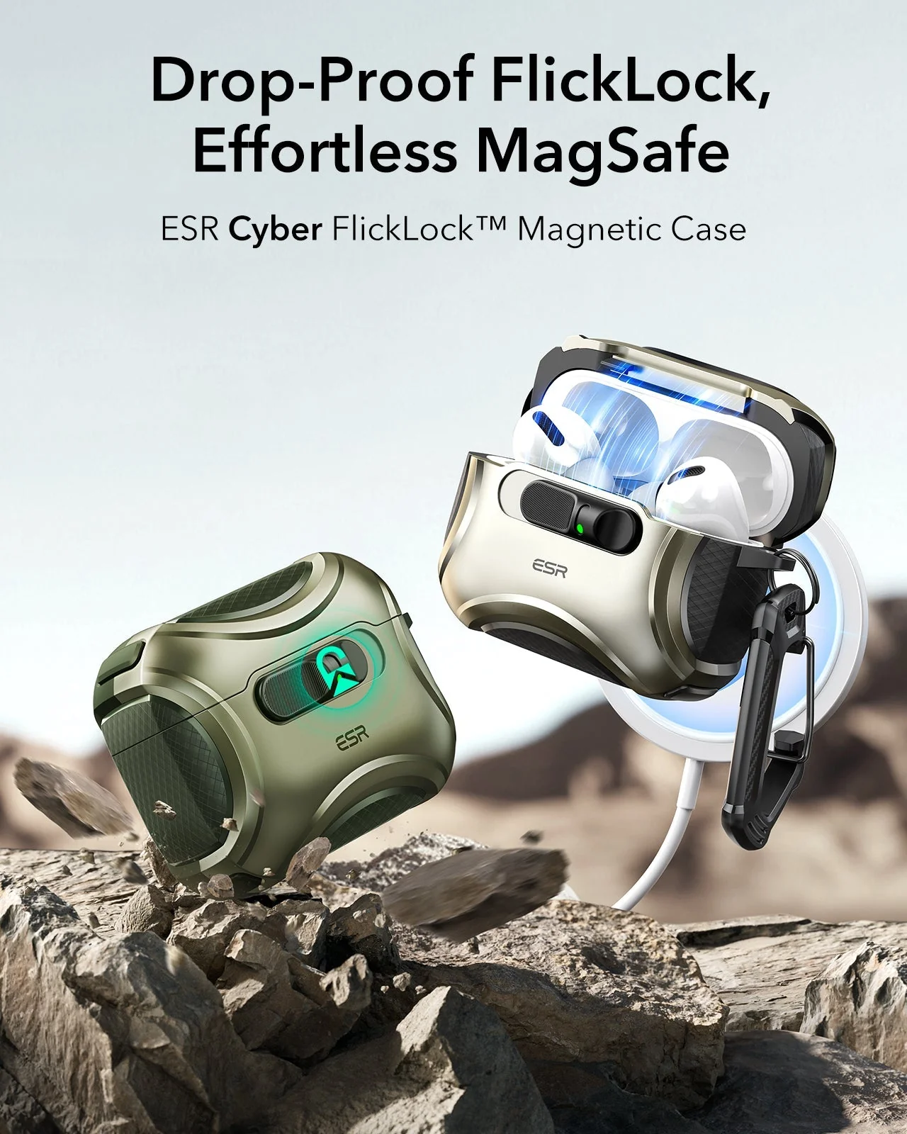 AirPods Pro 3 Cyber FlickLock Magnetic Case - Army Green - Image 3