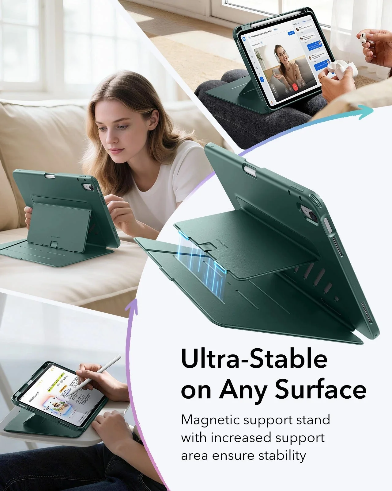 iPad 11" (A16) 2025 Bundle Flip Magnetic Case with Pencil Holder & Armorite® Paper-Feel Protection - Green - Image 5