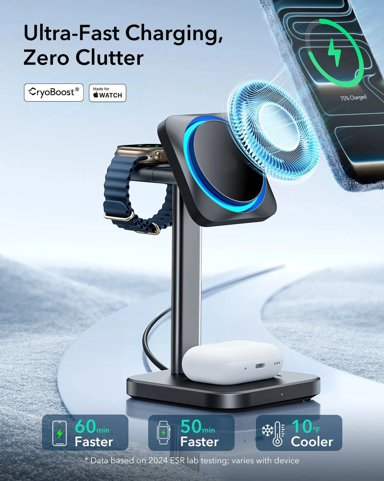 15W 3-in-1 Wireless Charging Station with CryoBoost (HaloLock) & AirPods Pro 3 Cyber FlickLock Case Bundle - Black - US Plug - Image 4