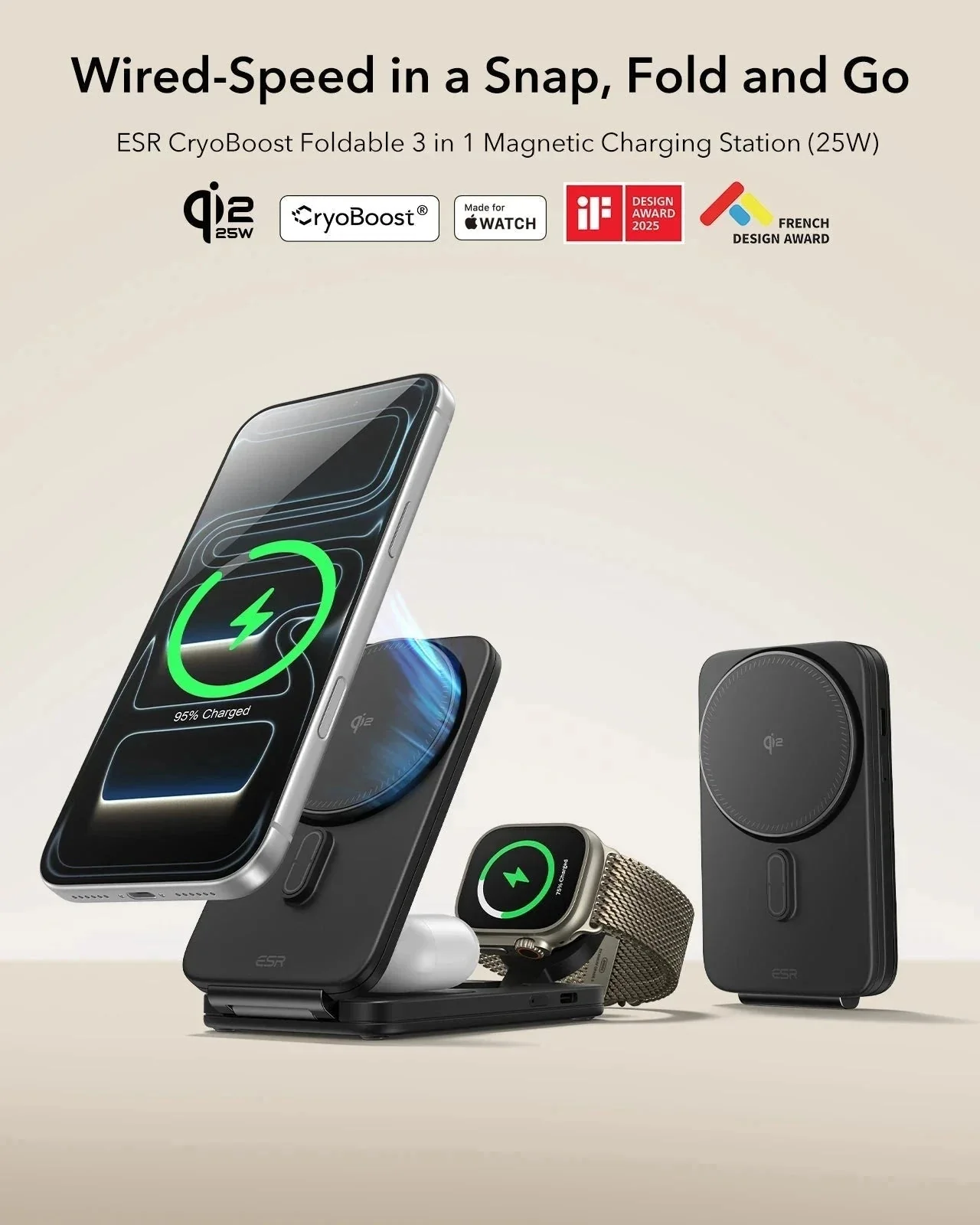 25W CryoBoost Foldable 3-in-1 Magnetic Charger and AirPods Pro 3 Cyber FlickLock Case Bundle– EU Plug-Black - Image 4