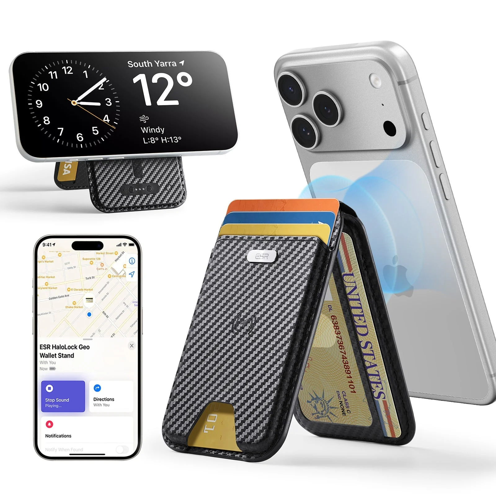 Geo Magnetic Wallet Stand -  Black Carbon Fiber