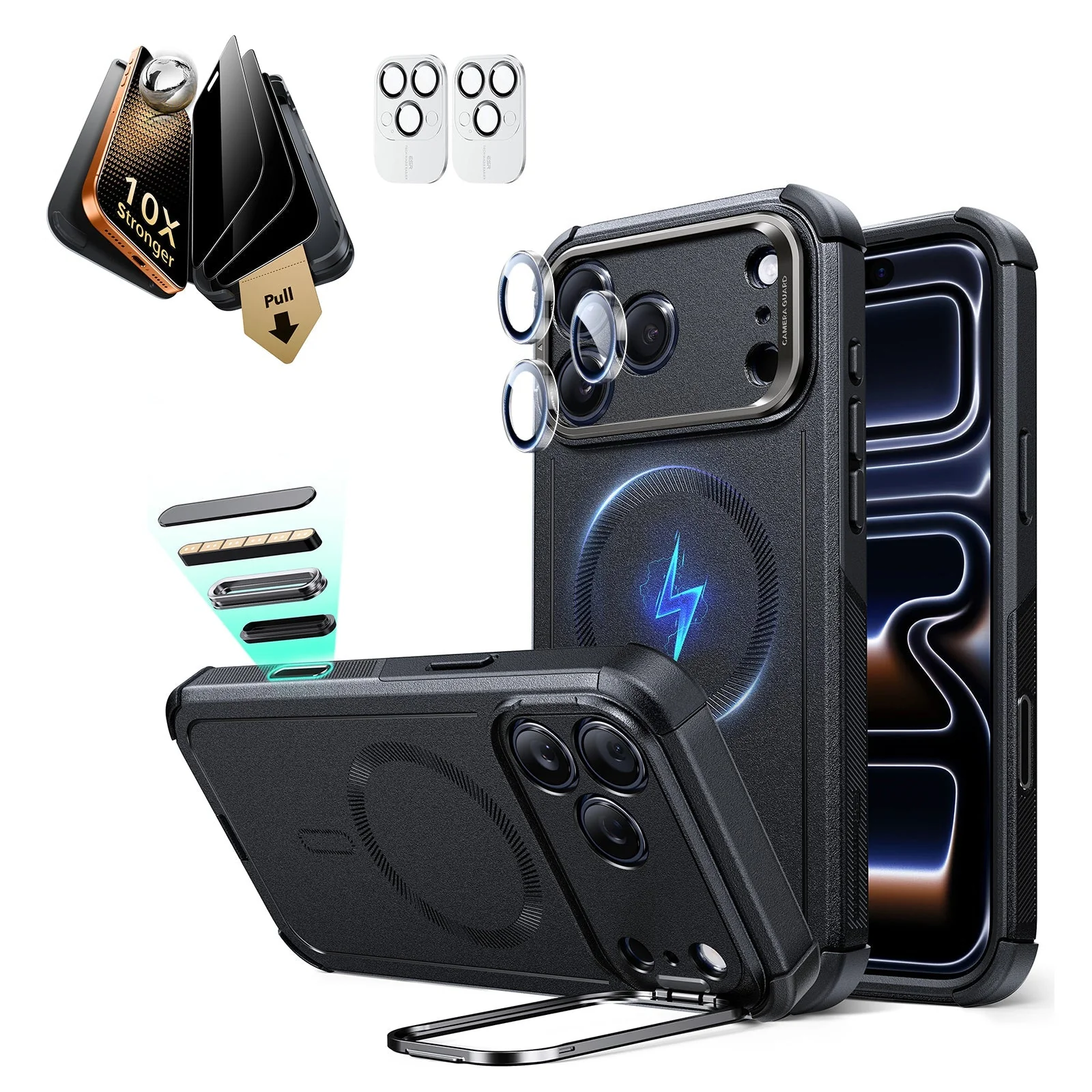 iPhone 17 Pro Max Bundle Cyber Tough Magnetic Case (Stash Stand) and Armorite Pro Privacy Screen Protector - Black