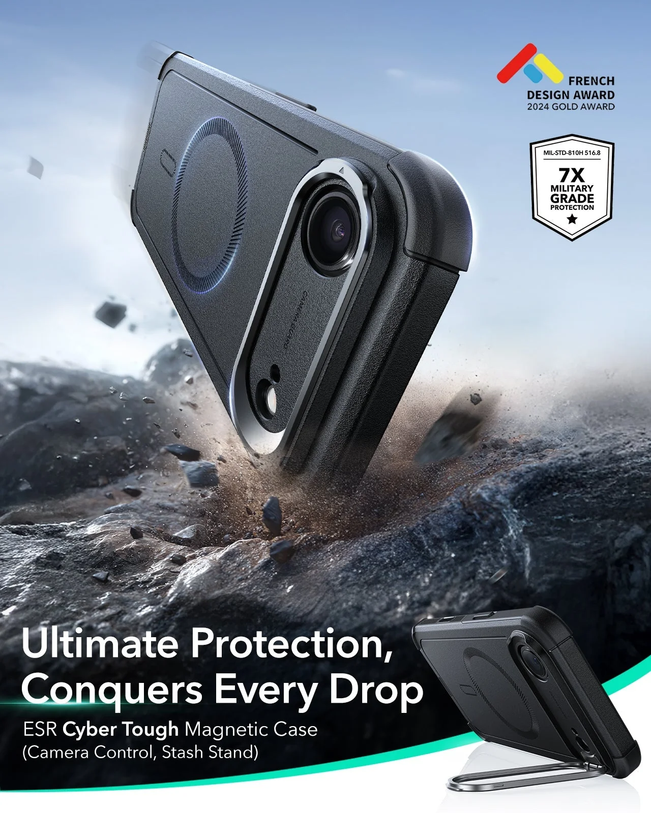 iPhone Air Cyber Tough Magnetic Case (Camera Control, Stash Stand) - Black - Image 2