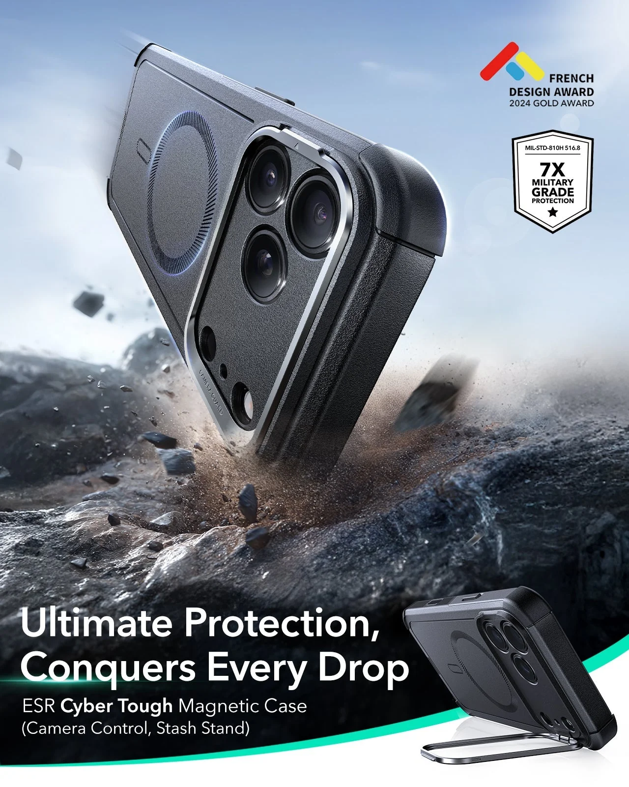 iPhone 17 Pro Cyber Tough Magnetic Case (Camera Control, Stash Stand) - Black - Image 2