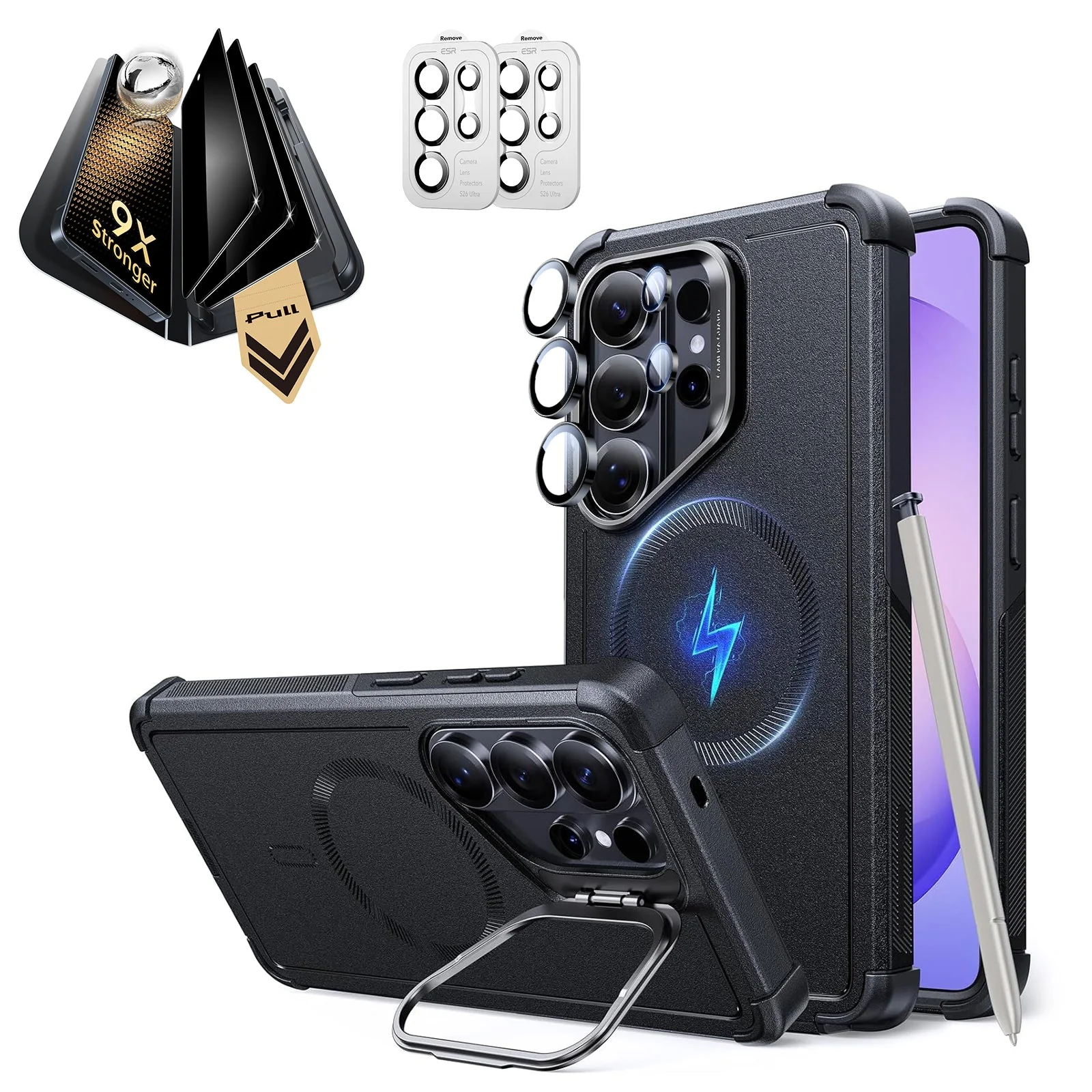 Galaxy S26 Ultra Bundle Cyber Tough Magnetic Case (Stash Stand) and Armorite® Pro Privacy Screen Protector - Black