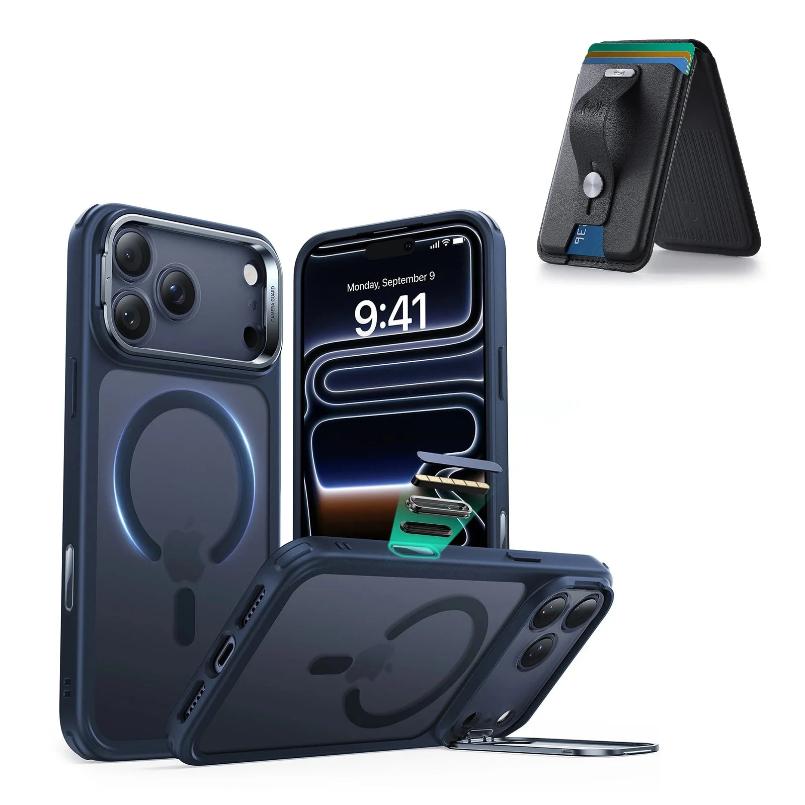 iPhone 17 Pro Classic Hybrid Magnetic Case (Camera Control, Stash Stand) with Wallet Stand Bundle - Frosted Blue