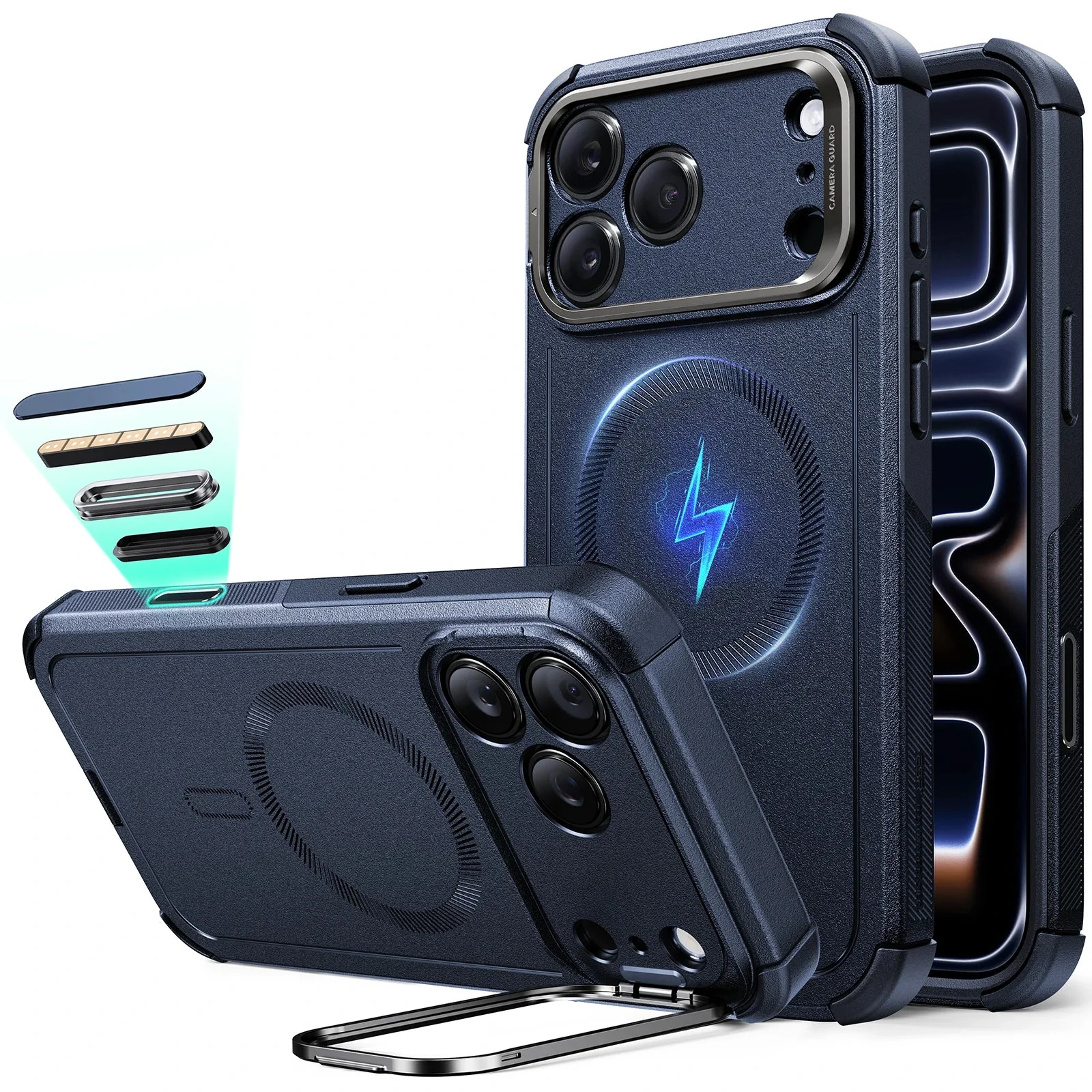 iPhone 17 Pro Cyber Tough Magnetic Case (Camera Control, Stash Stand) - Navy Blue