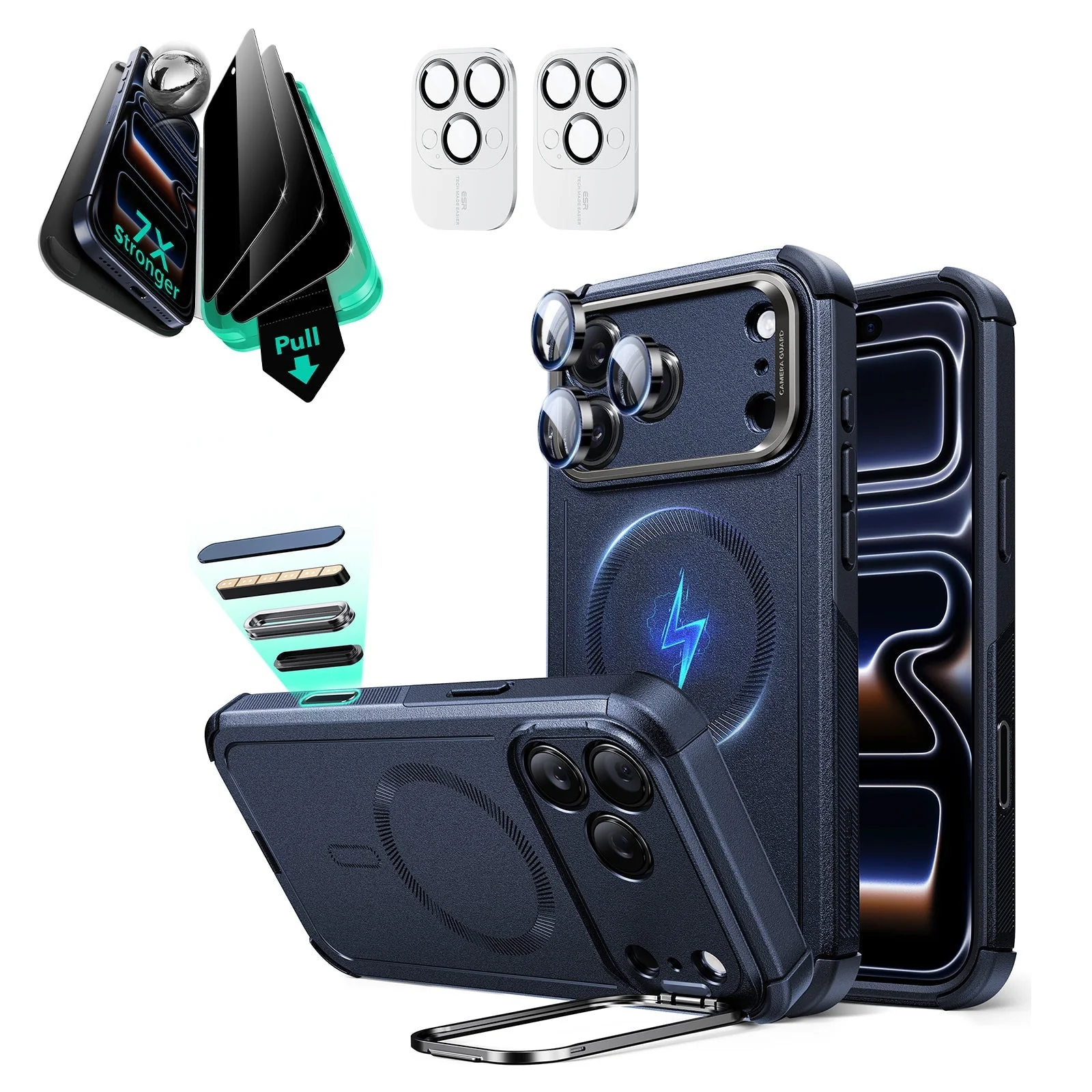 iPhone 17 Pro Max Bundle Cyber Tough Magnetic Case (Camera Control, Stash Stand) and Armorite Privacy Screen Protector - Navy Blue
