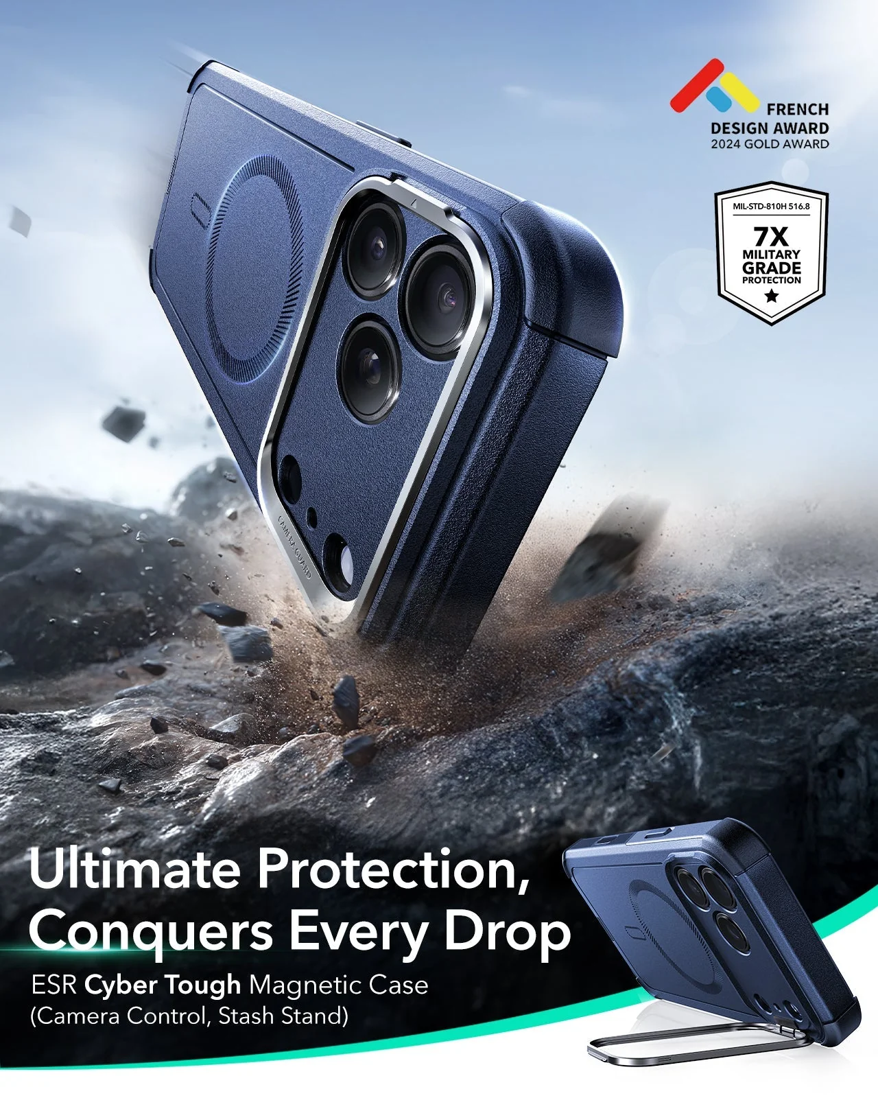 iPhone 17 Pro Max Cyber Tough Magnetic Case (Camera Control, Stash Stand) - Navy Blue - Image 2