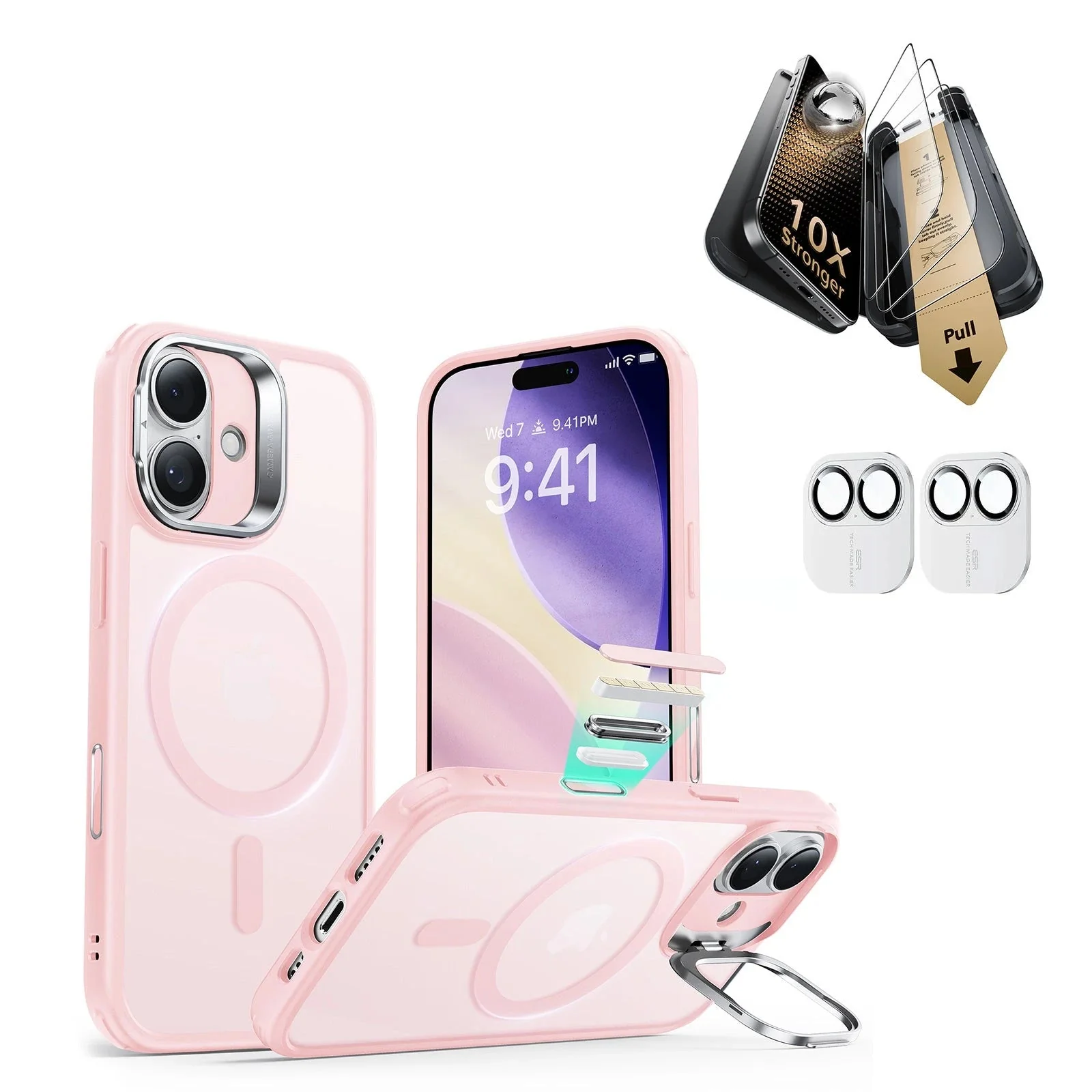 iPhone 17 Bundle Classic Hybrid Magnetic Case (Camera Control, Stash Stand) and Armorite Pro Screen Protector - Frosted Bubblegum Pink