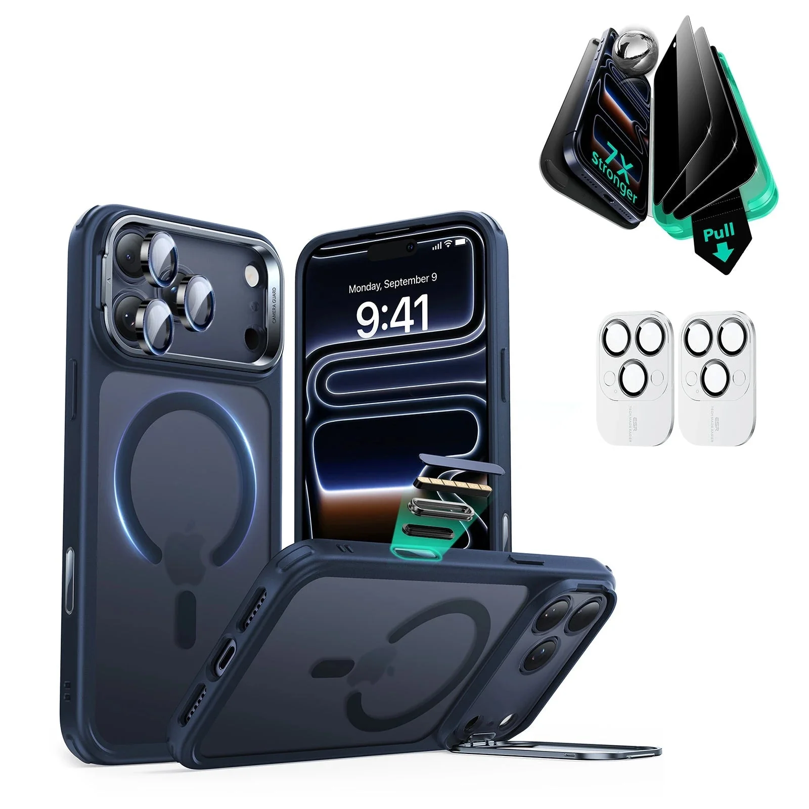 iPhone 17 Pro Max Bundle Classic Hybrid Magnetic Case (Camera Control, Stash Stand) and Armorite Privacy Screen Protector - Frosted Blue
