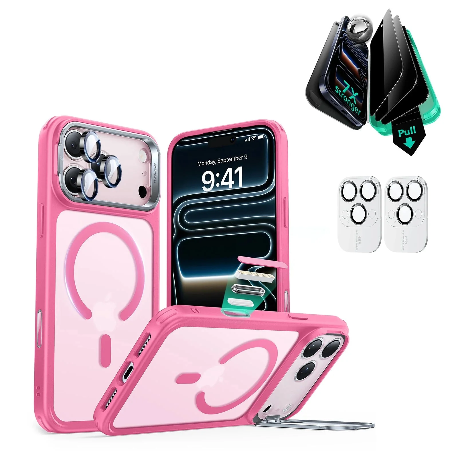 iPhone 17 Pro Bundle Classic Hybrid Magnetic Case (Camera Control, Stash Stand) and Armorite Privacy Screen Protector - Frosted Pink