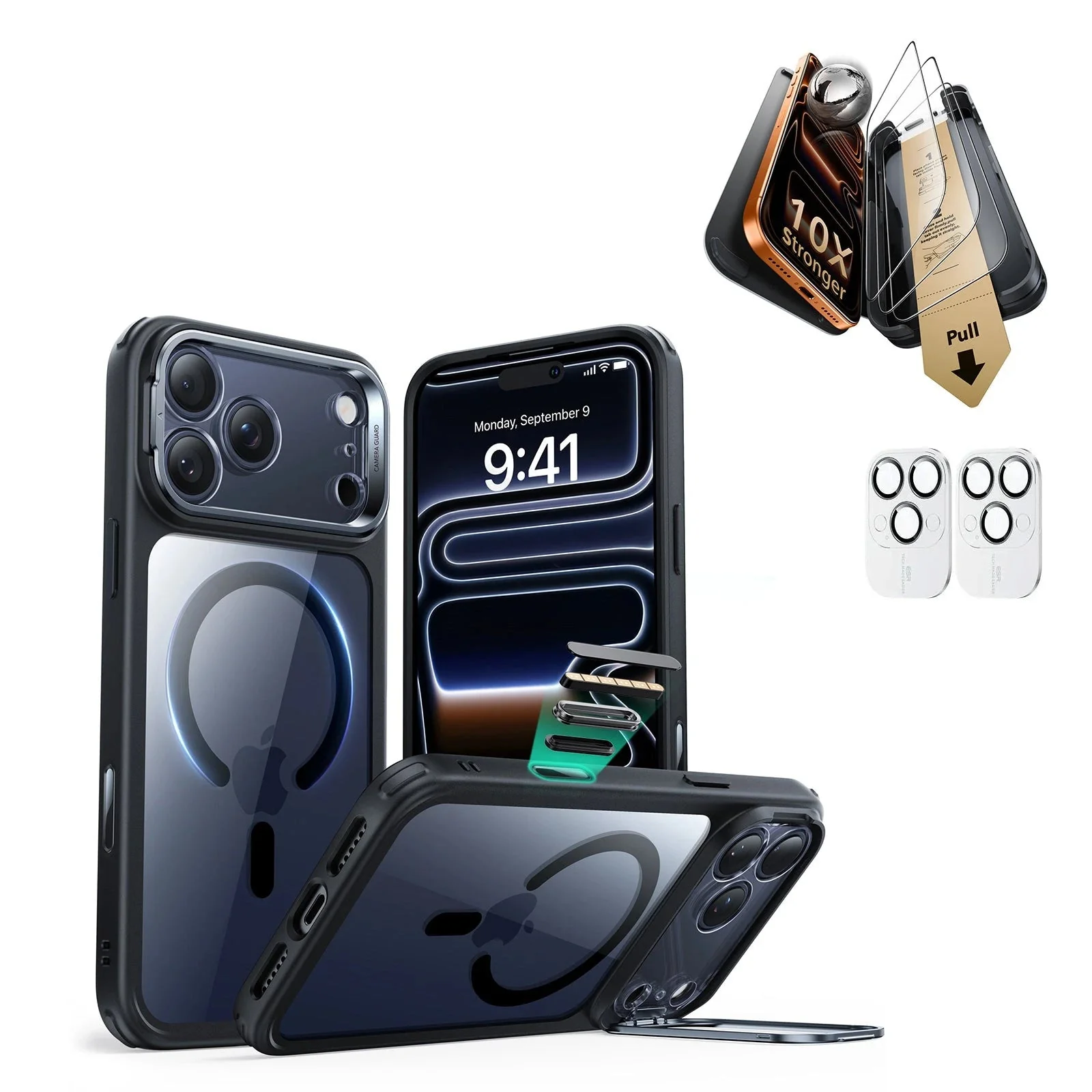 iPhone 17 Pro Bundle Classic Hybrid Magnetic Case (Camera Control, Stash Stand) and Armorite Pro Screen Protector - Clear Black