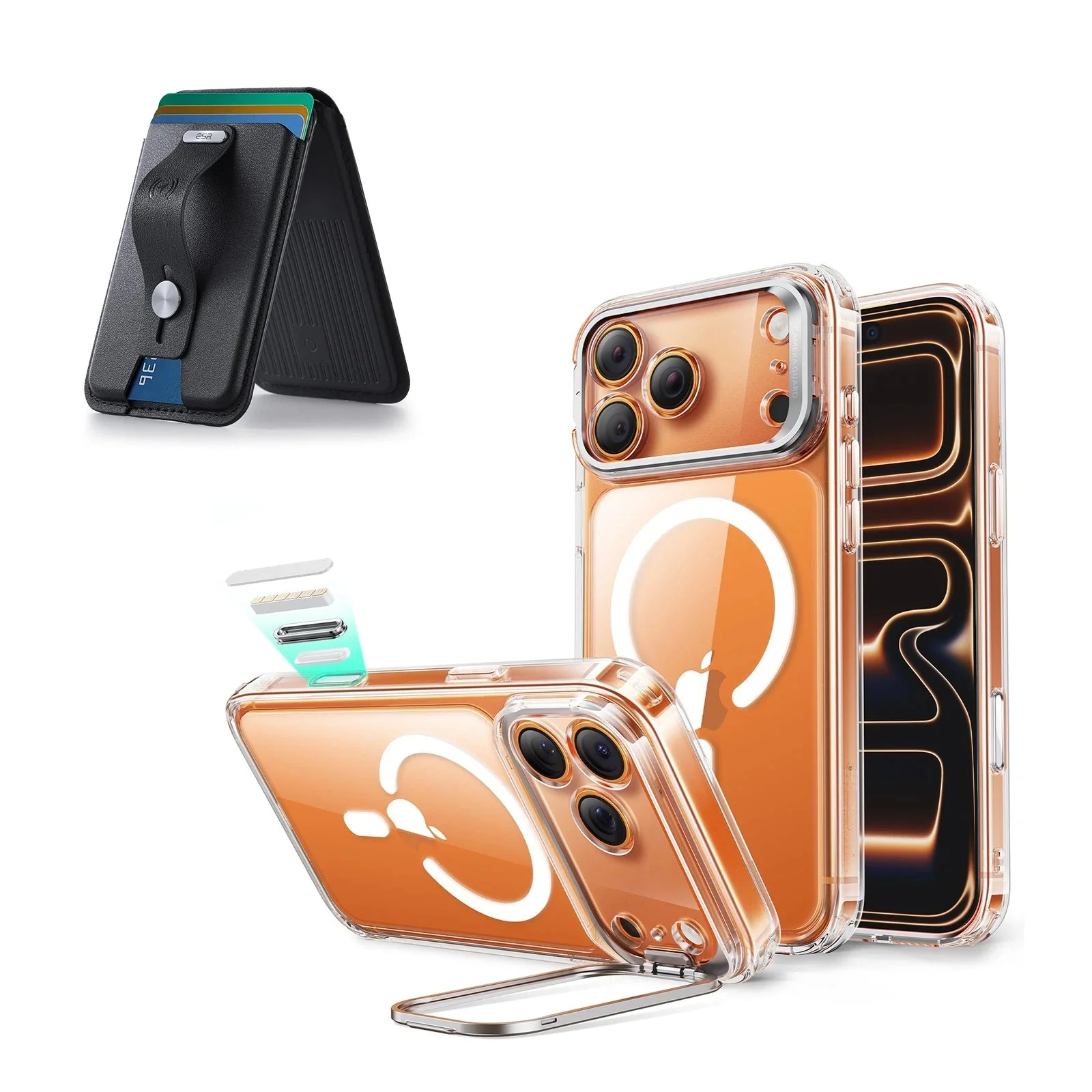 iPhone 17 Pro Max Classic Hybrid Magnetic Case (Camera Control, Stash Stand) with Wallet Stand Bundle - Clear