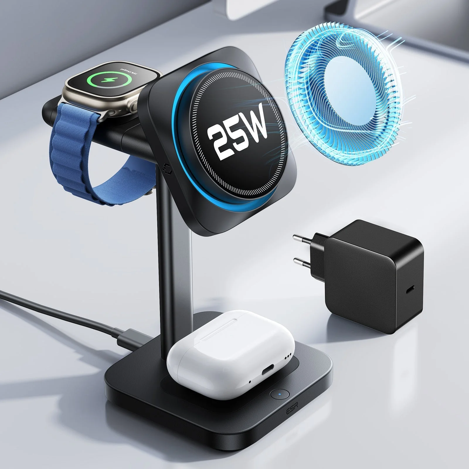 CryoBoost 3-in-1 Magnetic Charging Station (25W, Qi2.2) - EU Plug–Black - Image 10
