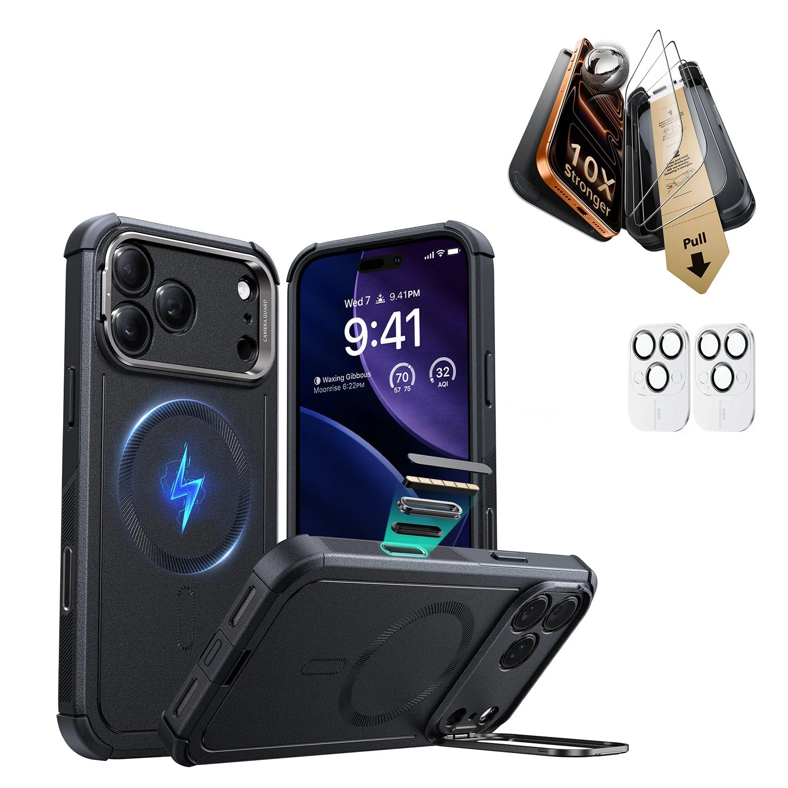 iPhone 17 Pro Bundle Cyber Tough Magnetic Case (Camera Control, Stash Stand) and Armorite Pro Screen Protector - Black