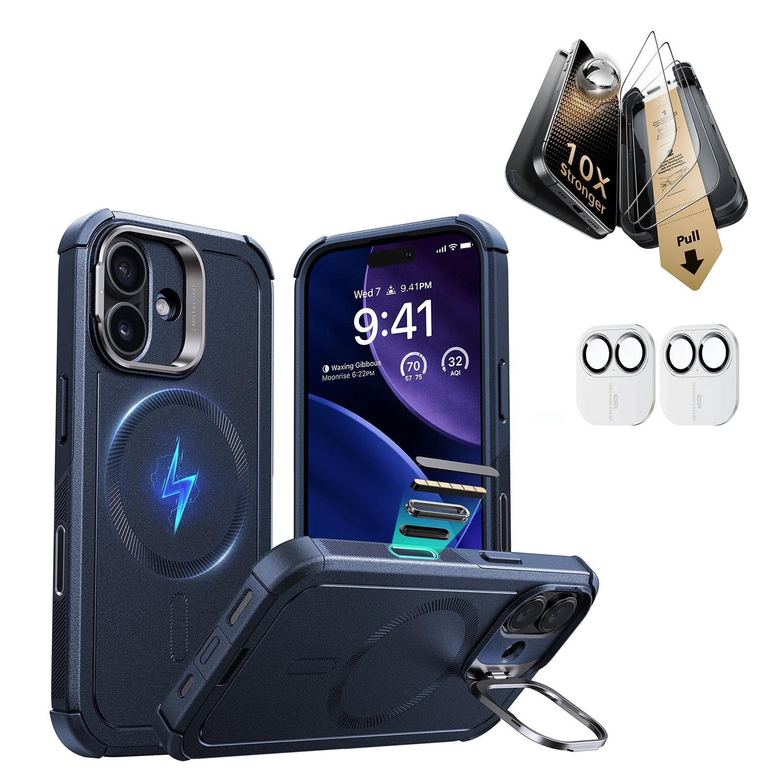 iPhone 17 Bundle Cyber Tough Magnetic Case (Camera Control, Stash Stand) and Armorite Pro Screen Protector - Navy Blue