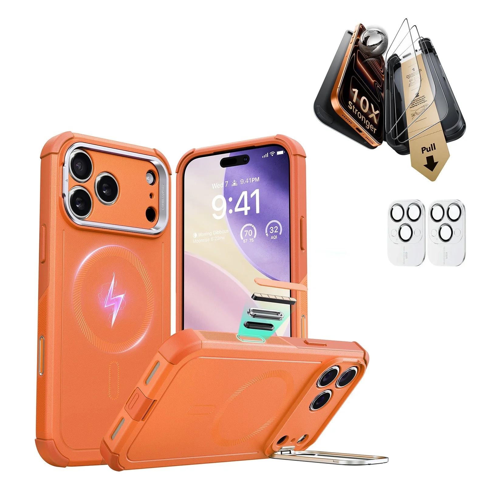 iPhone 17 Pro Max Bundle Cyber Tough Magnetic Case (Camera Control, Stash Stand) and Armorite Pro Screen Protector - Orange