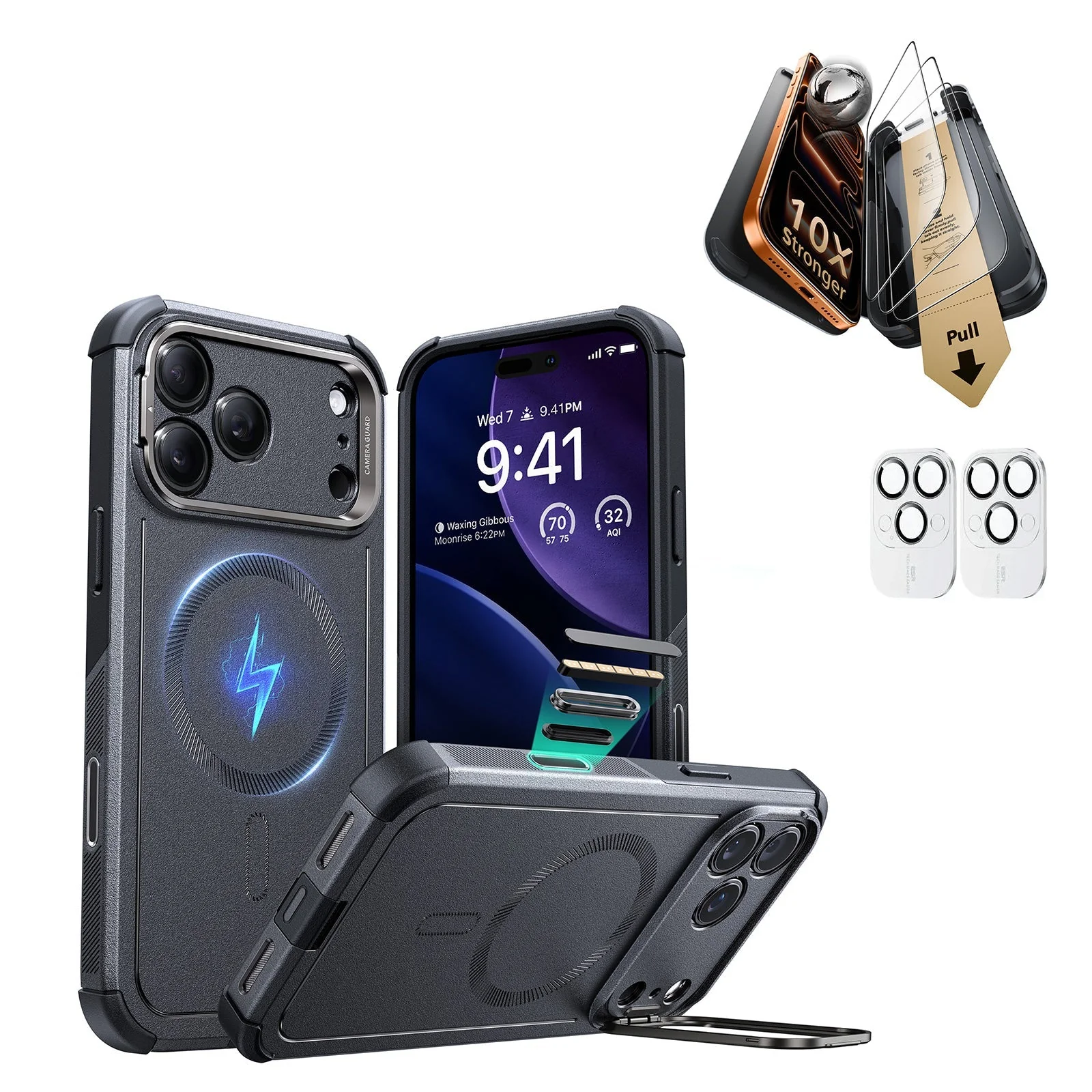 iPhone 17 Pro Max Bundle Cyber Tough Magnetic Case (Camera Control, Stash Stand) and Armorite Pro Screen Protector - Space Gray