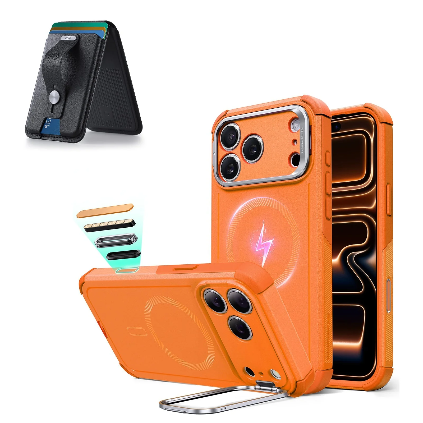 iPhone 17 Pro Cyber Tough Magnetic Case (Camera Control, Stash Stand) with Wallet Stand Bundle - Orange