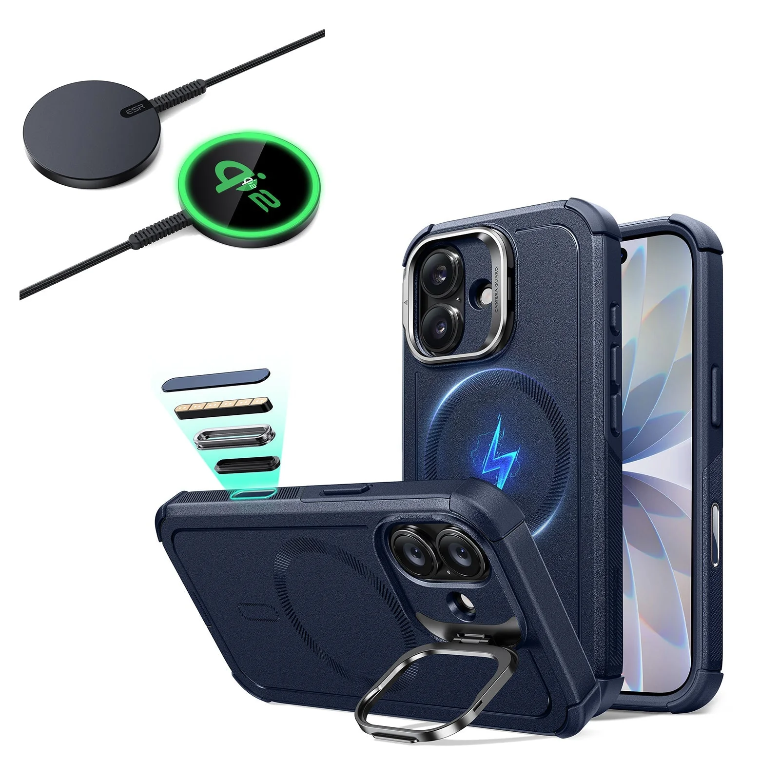 iPhone 17 Bundle Cyber Tough Magnetic Case (Camera Control, Stash Stand) and Magnetic Charging Pad (Qi2) - Navy Blue