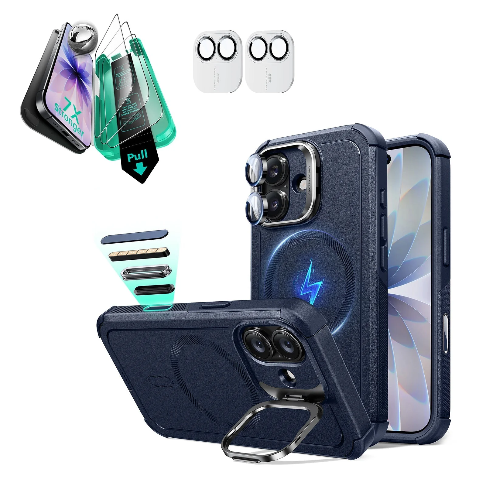 iPhone 17 Bundle Cyber Tough Magnetic Case (Camera Control, Stash Stand) and Armorite Screen Protector - Navy Blue