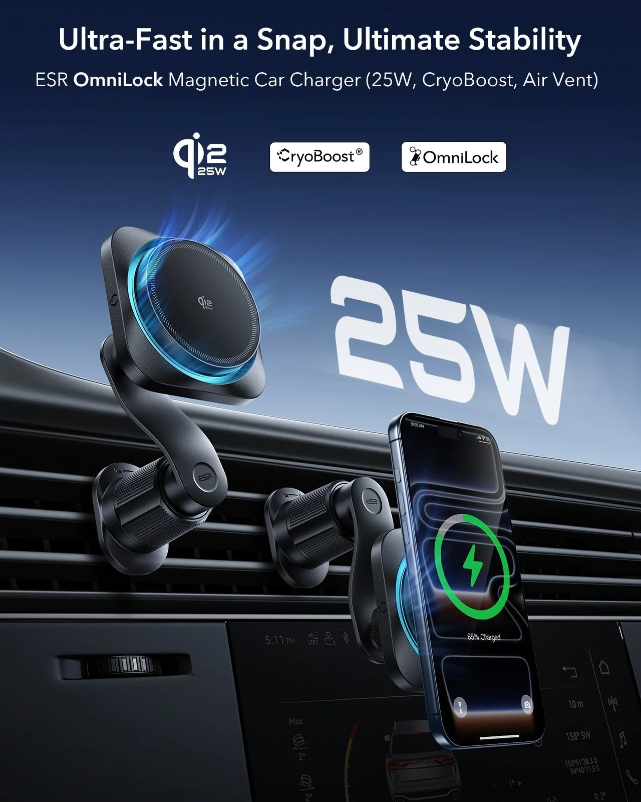 15W 3-in-1 Wireless Charging Station with CryoBoost (HaloLock) & Car Charger (Air Vent) Bundle - Black - US Plug - Image 10