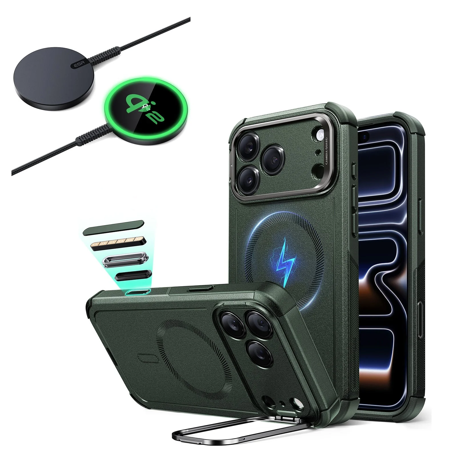 iPhone 17 Pro Bundle Cyber Tough Magnetic Case (Camera Control, Stash Stand) and Magnetic Charging Pad (Qi2) - Olive Green