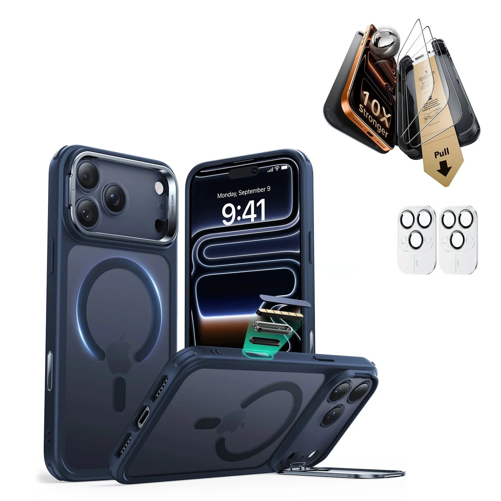iPhone 17 Pro Max Bundle Classic Hybrid Magnetic Case (Camera Control, Stash Stand) and Armorite Pro Screen Protector - Frosted Blue