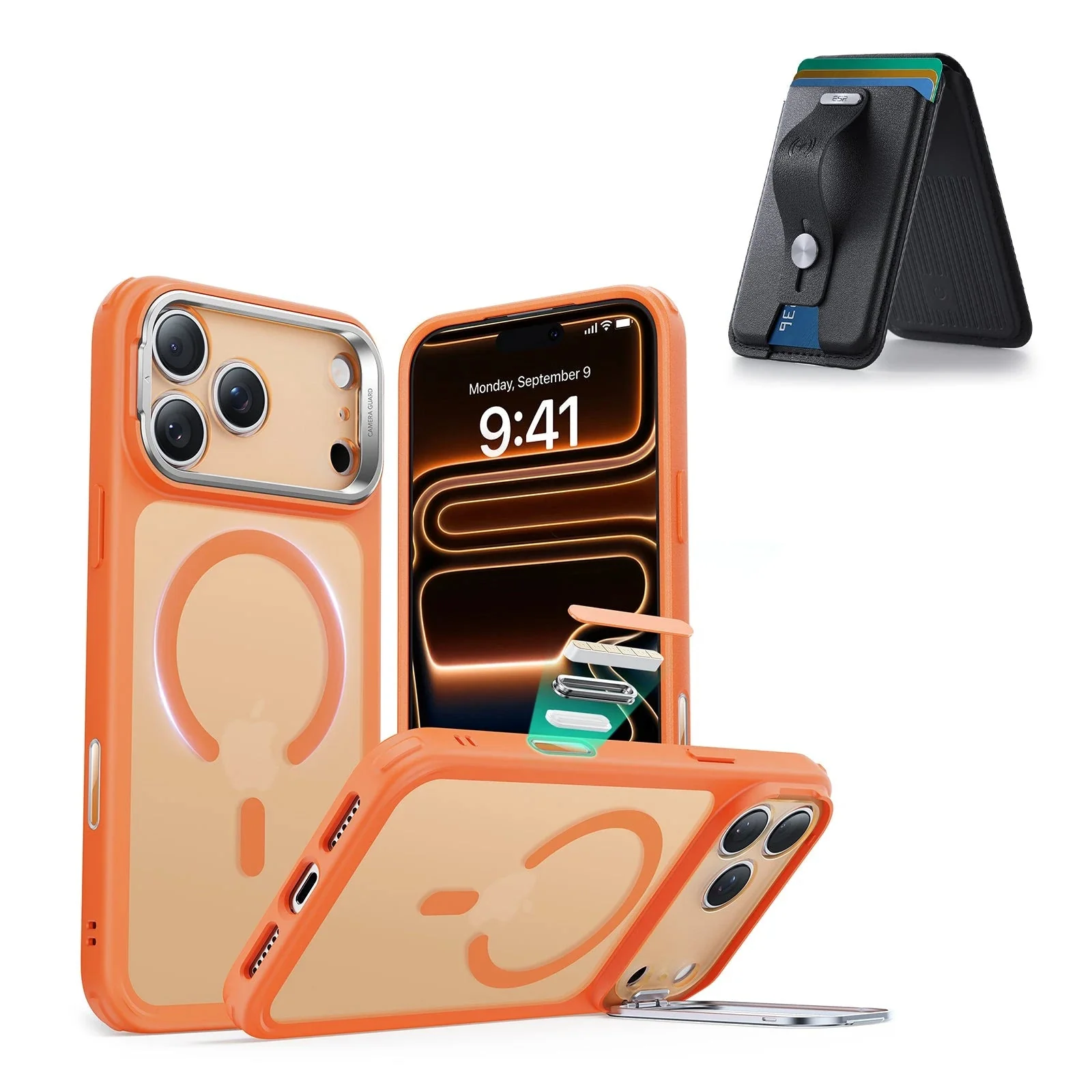 iPhone 17 Pro Classic Hybrid Magnetic Case (Camera Control, Stash Stand) with Wallet Stand Bundle - Frosted Orange