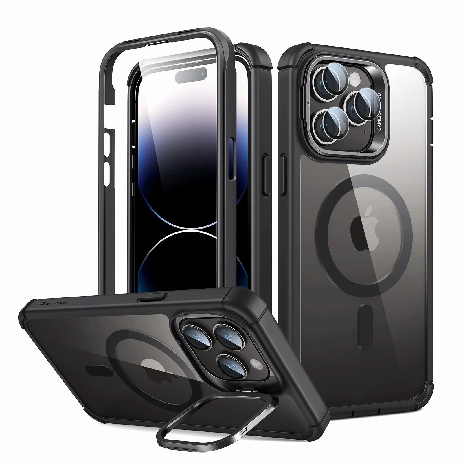 iPhone 14 Pro Armor Tough Case with Stash Stand (HaloLock) - Clear Black
