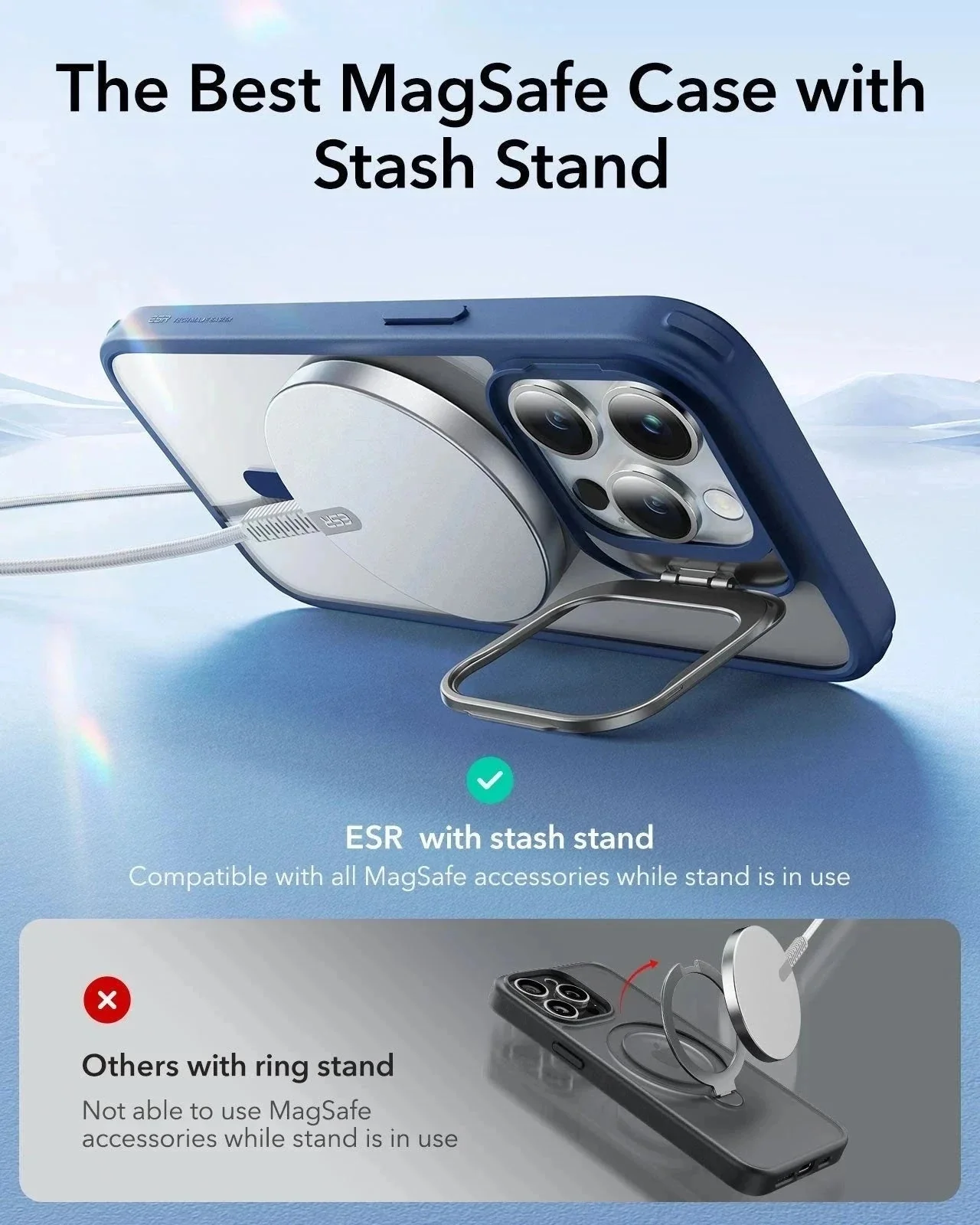 iPhone 14 Pro Classic Hybrid Case with Stash Stand (HaloLock) - Clear Blue - Image 3