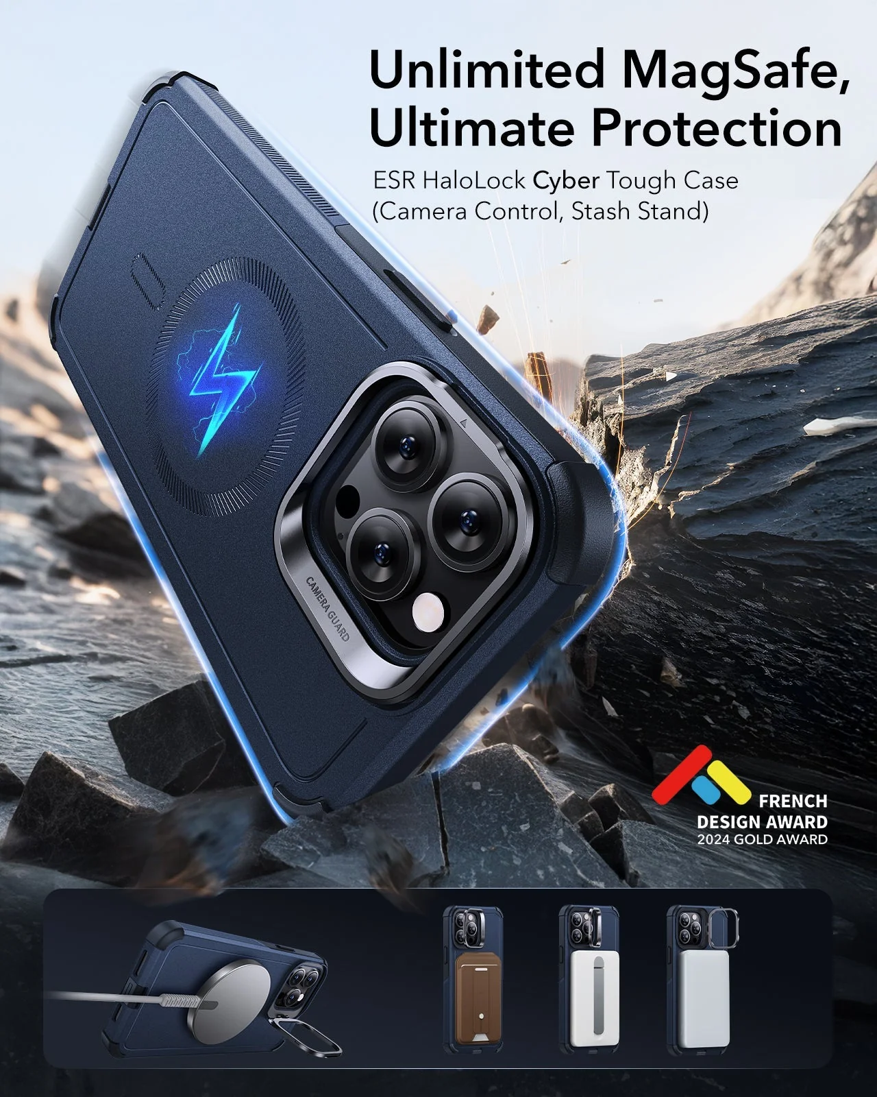iPhone 14 Pro Cyber Tough Magnetic Case (Stash Stand) - Dark Blue - Image 2