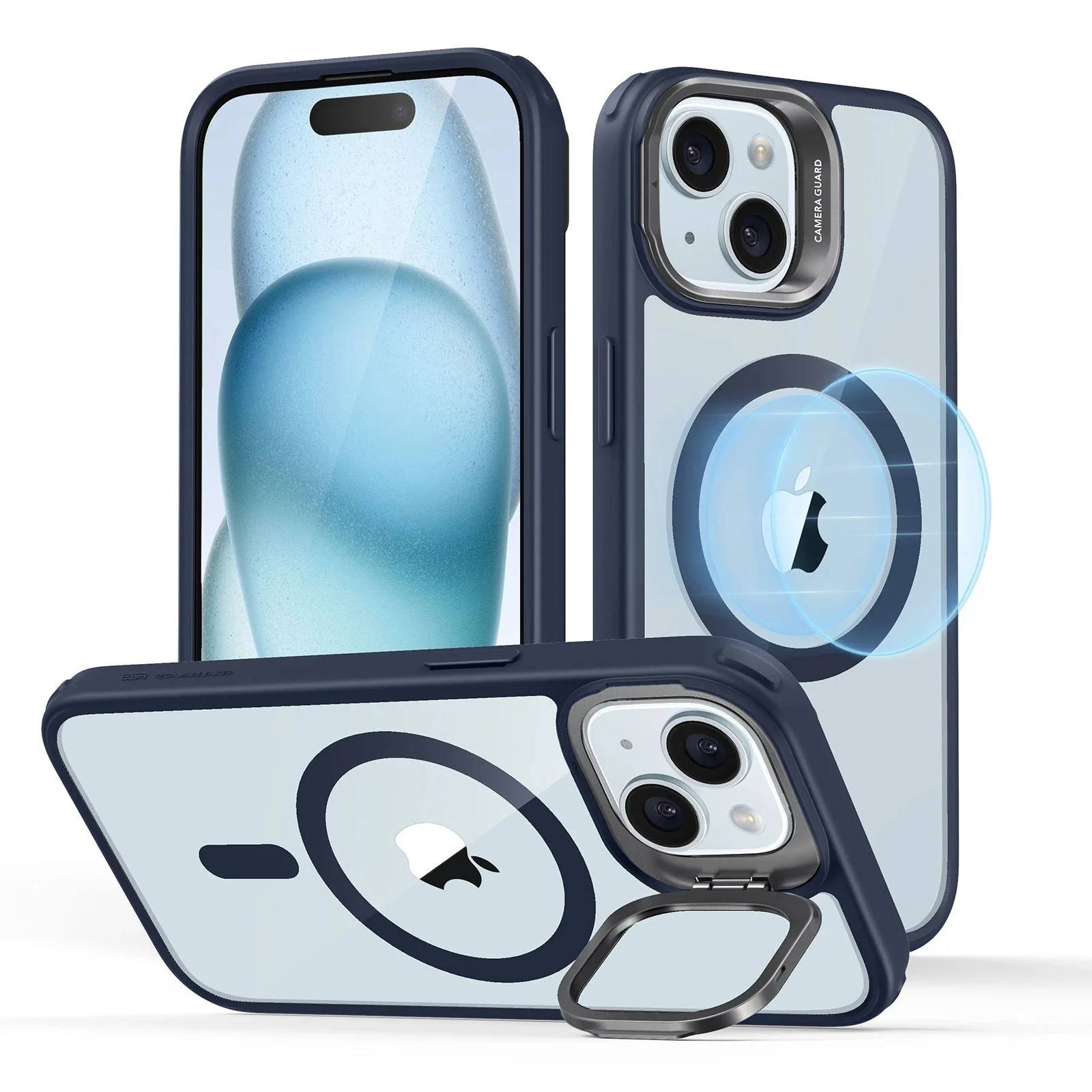 iPhone 15 Plus Classic Hybrid Case with Stash Stand (HaloLock) - Clear Dark Blue