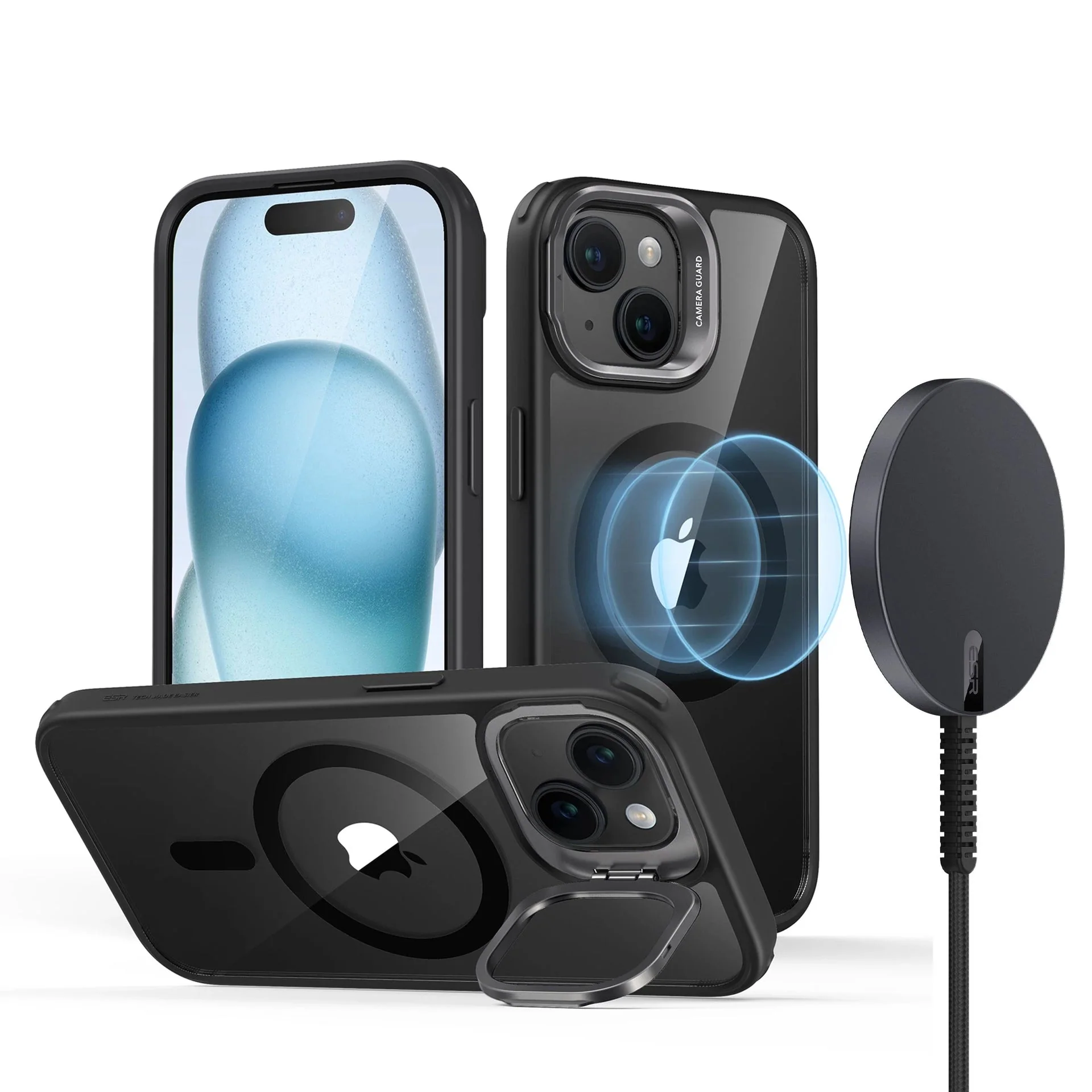 iPhone 15 Plus Snap-and-Stand Charging Bundle - Clear Black