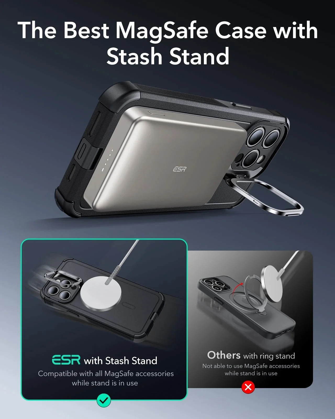 iPhone 15 Pro Cyber Tough Case with Stash Stand (HaloLock) - Black - Image 4