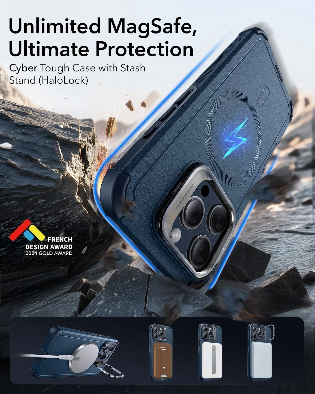 iPhone 15 Pro Cyber Tough Case with Stash Stand (HaloLock) - Dark Blue - Image 2