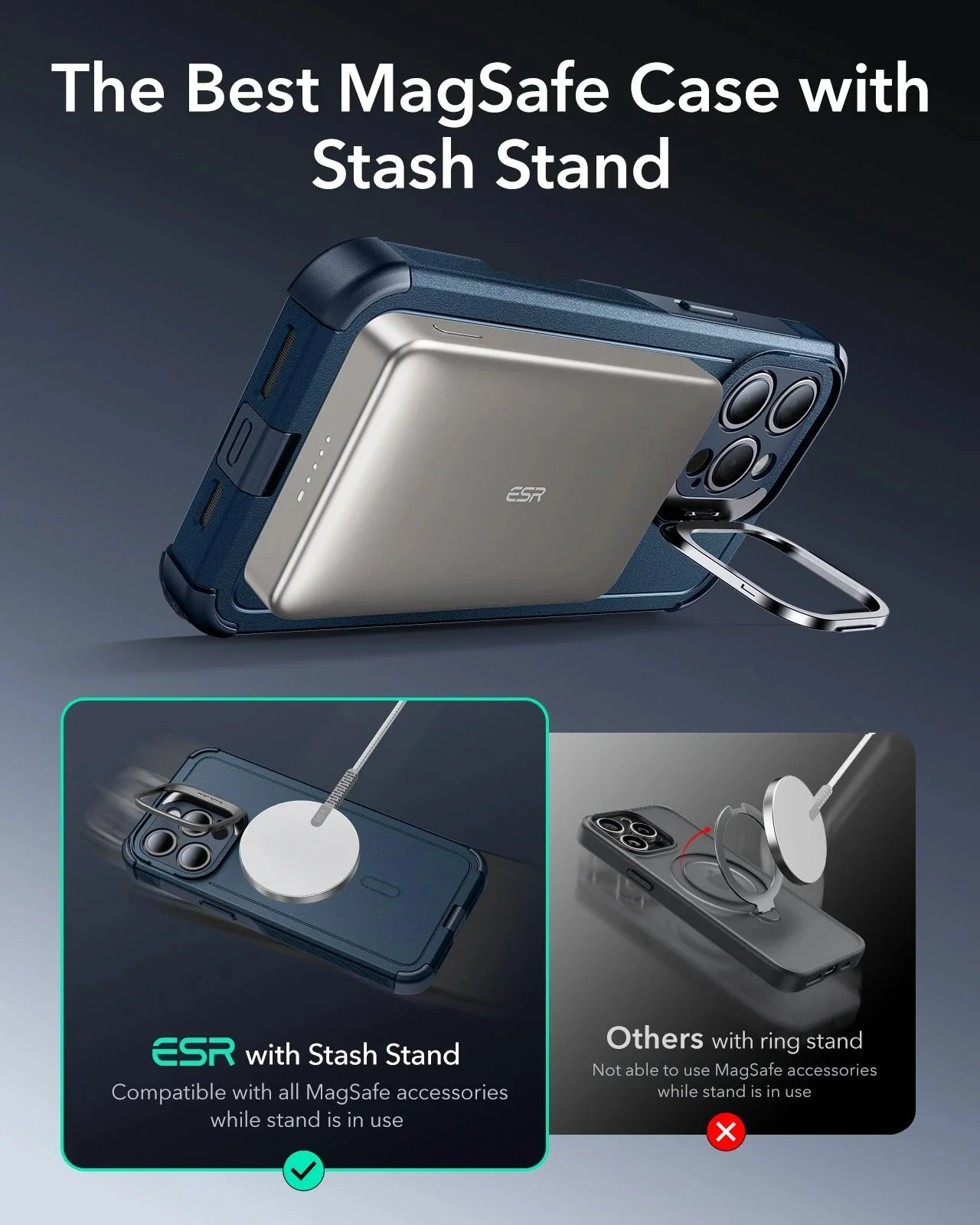iPhone 15 Pro Cyber Tough Case with Stash Stand (HaloLock) - Dark Blue - Image 4
