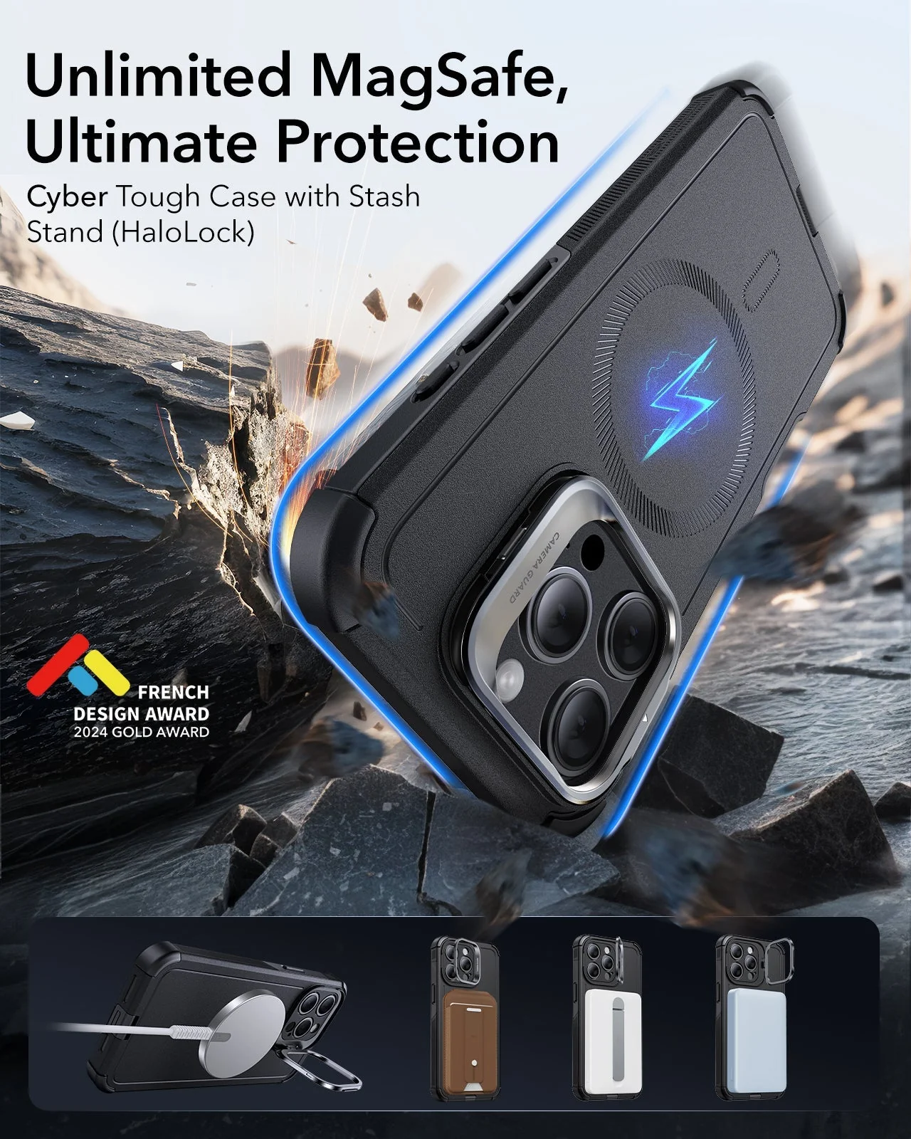 iPhone 15 Pro Max Cyber Tough Case with Stash Stand (HaloLock) - Black - Image 2