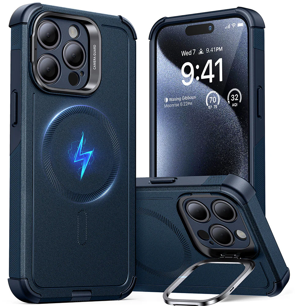 iPhone 15 Pro Max Cyber Tough Case with Stash Stand (HaloLock) - Dark Blue