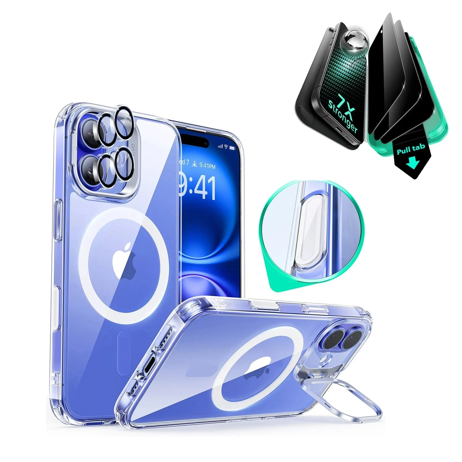 iPhone 16 Classic Hybrid Magnetic Case (Camera Control, Stash Stand) & Privacy Screen Protector Bundle - Clear