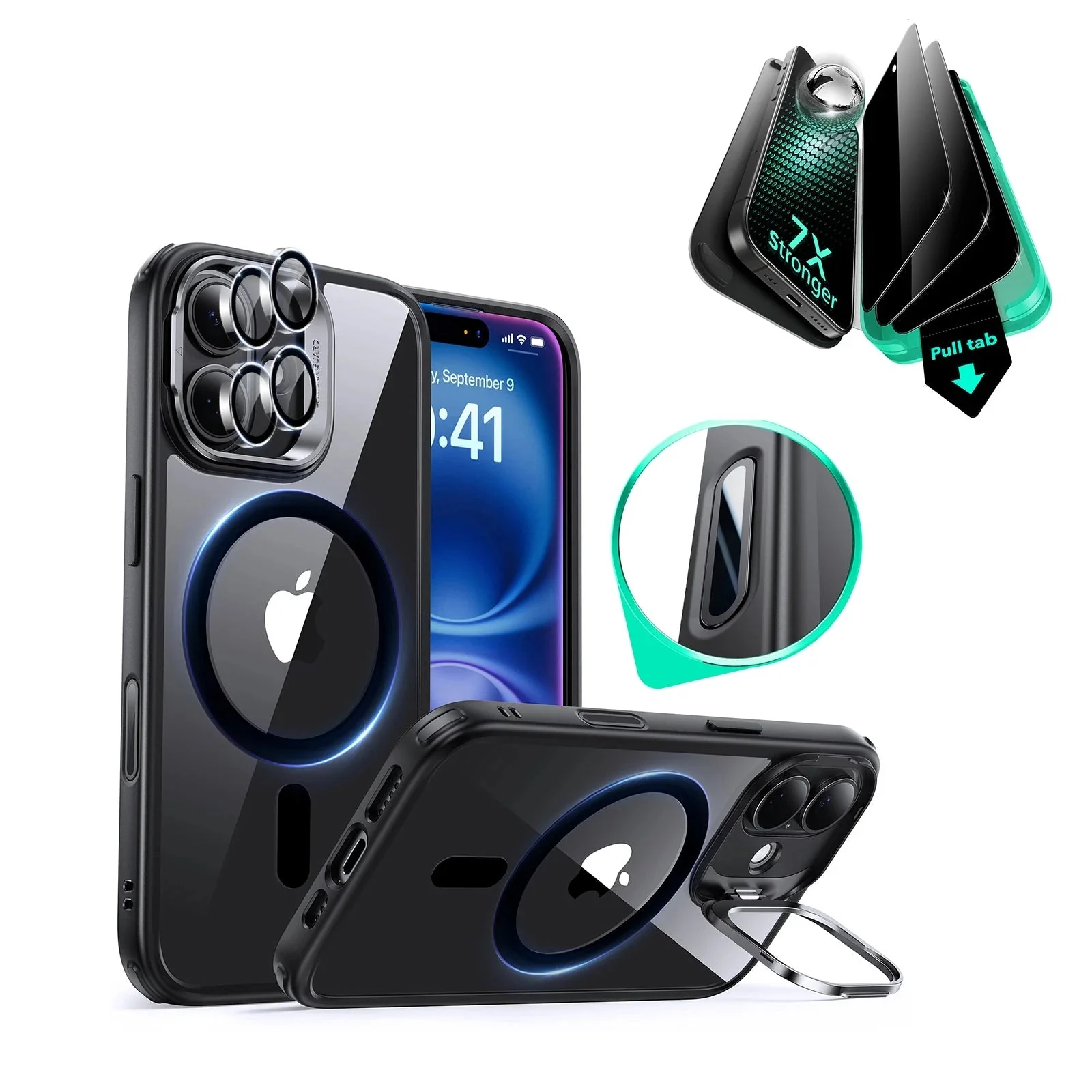 iPhone 16 Classic Hybrid Magnetic Case (Camera Control, Stash Stand) & Privacy Screen Protector Bundle - Clear Black