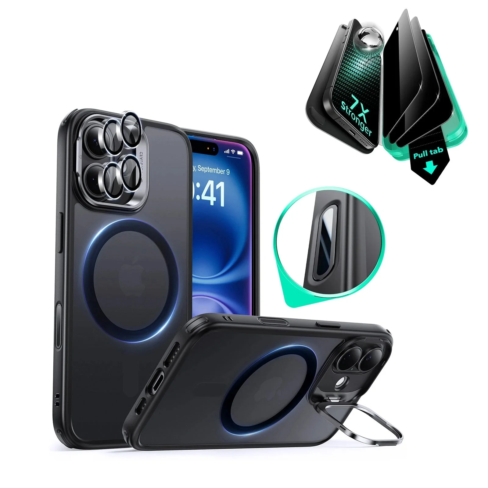 iPhone 16 Classic Hybrid Magnetic Case (Camera Control, Stash Stand) & Privacy Screen Protector Bundle - Frosted Black