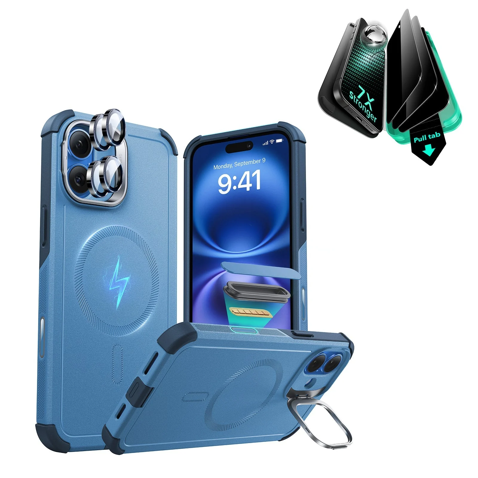 iPhone 16 Cyber Tough Magnetic Case Privacy Protection Bundle (Camera Control, Stash Stand) - Light Blue
