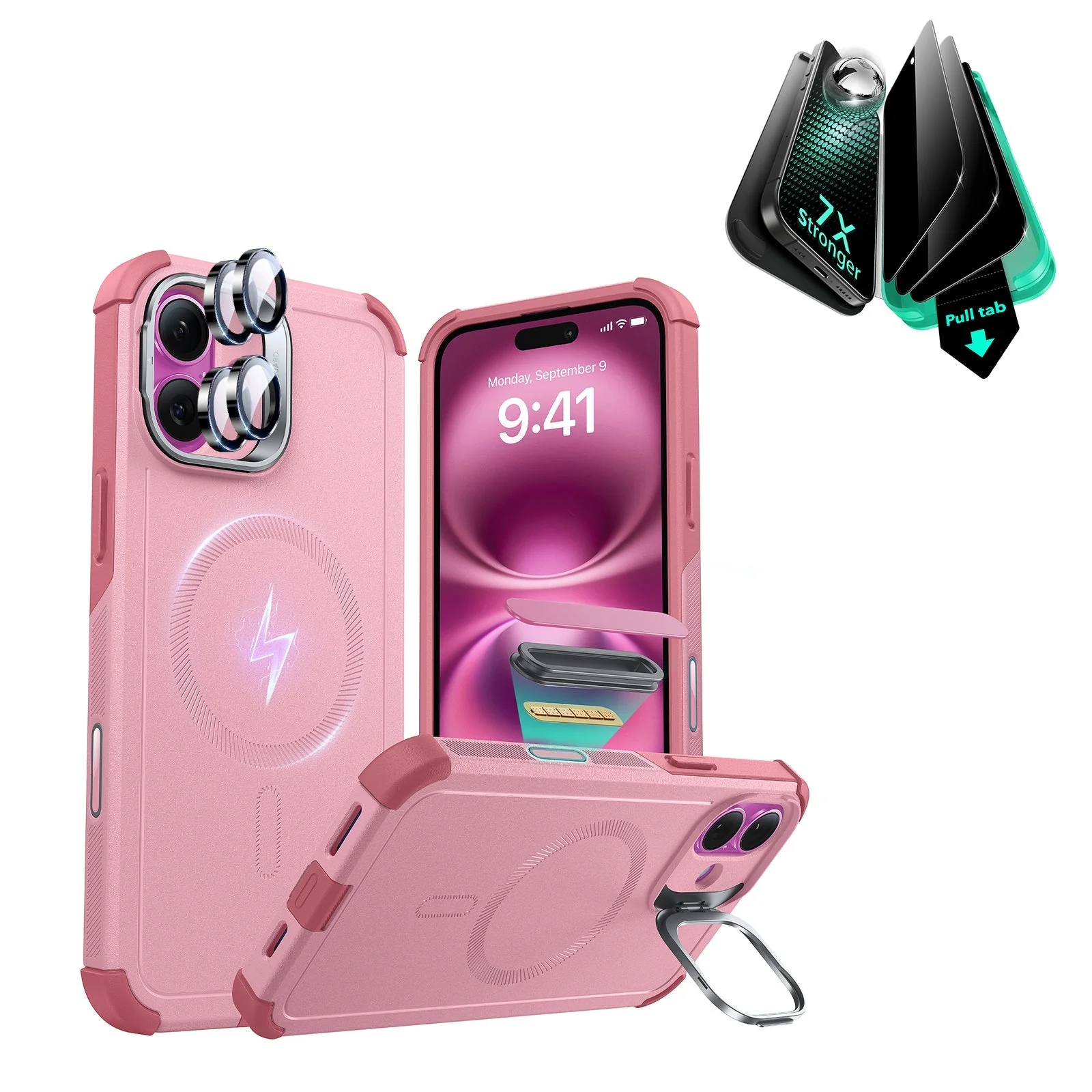 iPhone 16 Cyber Tough Magnetic Case Privacy Protection Bundle (Camera Control, Stash Stand) - Pink