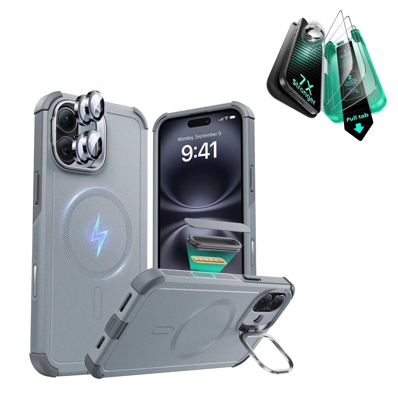 iPhone 16 Cyber Tough Magnetic Case Protection Bundle (Camera Control, Stash Stand) - Light Grey