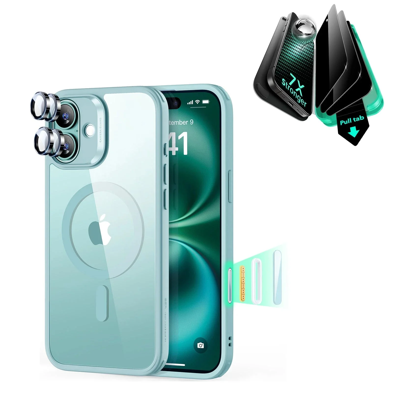iPhone 16 Plus Classic Hybrid Magnetic Case (Camera Control) & Privacy Screen Protector Bundle - Clear Green