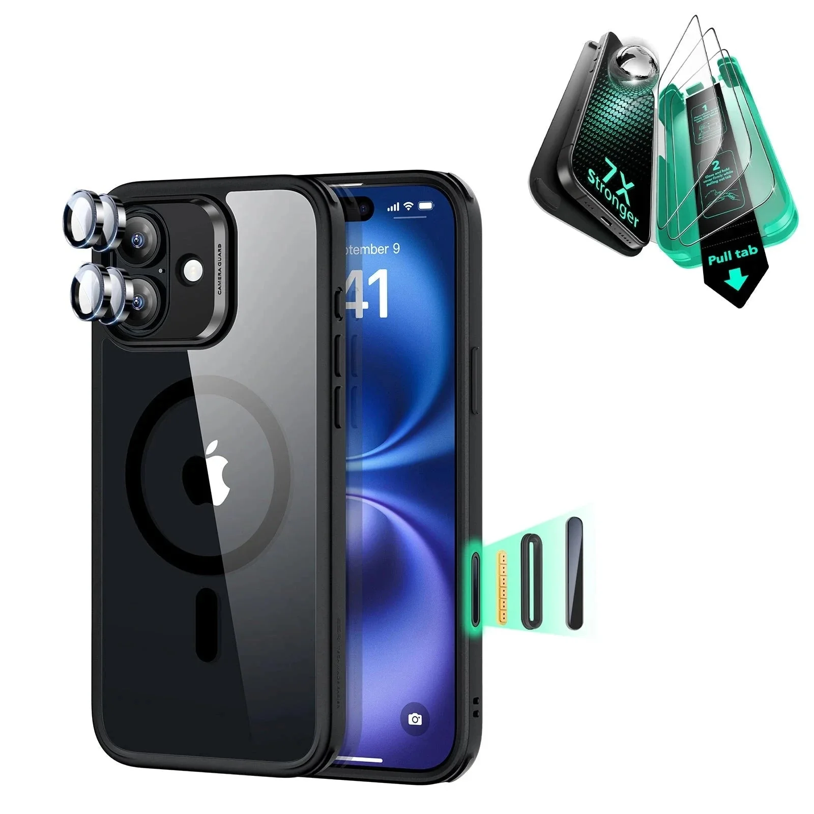 iPhone 16 Plus Classic Hybrid Magnetic Case (Camera Control) & Screen Protection Bundle - Clear Black