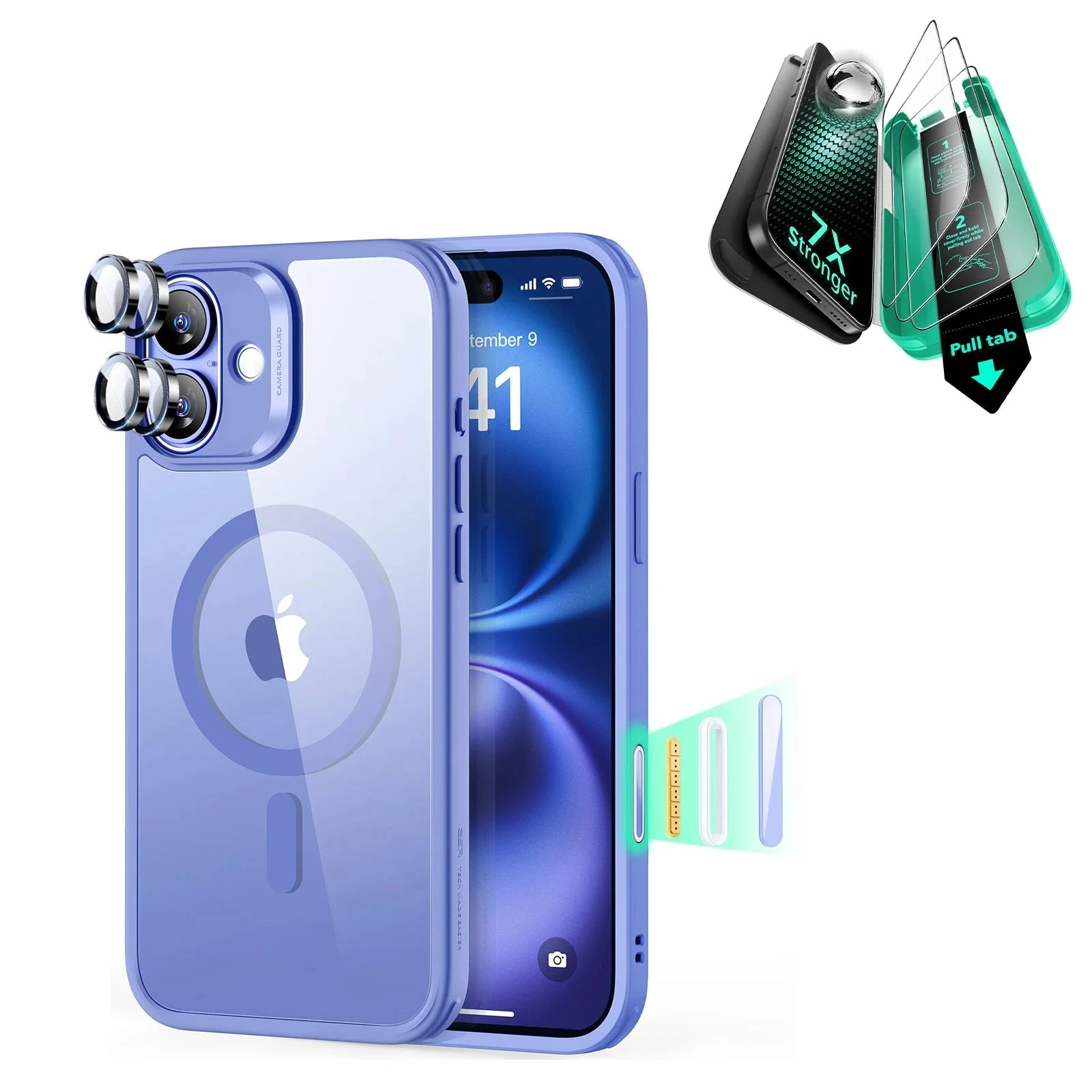 iPhone 16 Plus Classic Hybrid Magnetic Case (Camera Control) & Screen Protection Bundle - Clear Blue