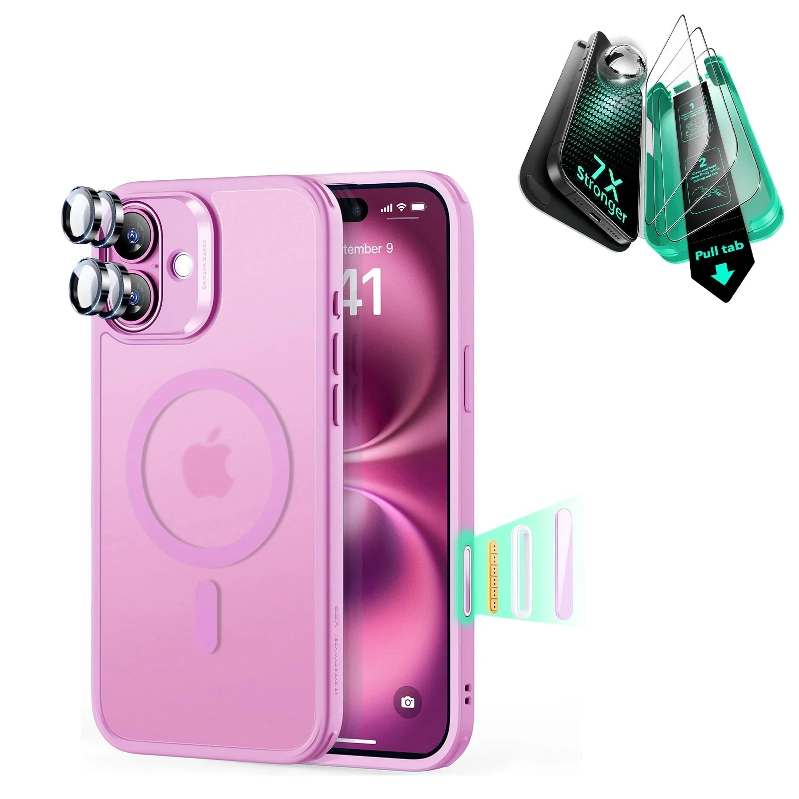 iPhone 16 Plus Classic Hybrid Magnetic Case (Camera Control) & Screen Protection Bundle - Frosted Pink
